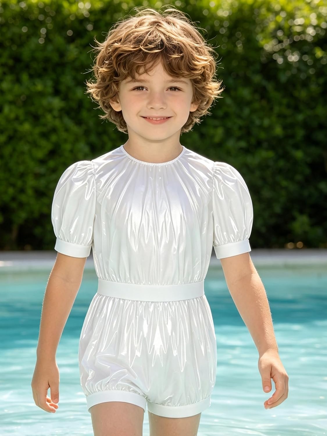 Girls Waterproof Bodysuit Waterproof Zipper Jumpsuit | Waterproof Adaptive Jumpsuit,Short Sleeve,Shiny,Back Zipper,Elastic Gathered Waist Leotard,Anti Strip,Diaper Cover Bodysuit