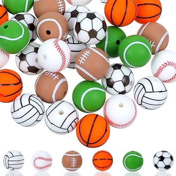 30 PCS Football Focal Beads, 15 mm Sports Beads for Pens & Bracelets Making, Silicone Bead for Keychain Making, Baseball & Football Focal Bead