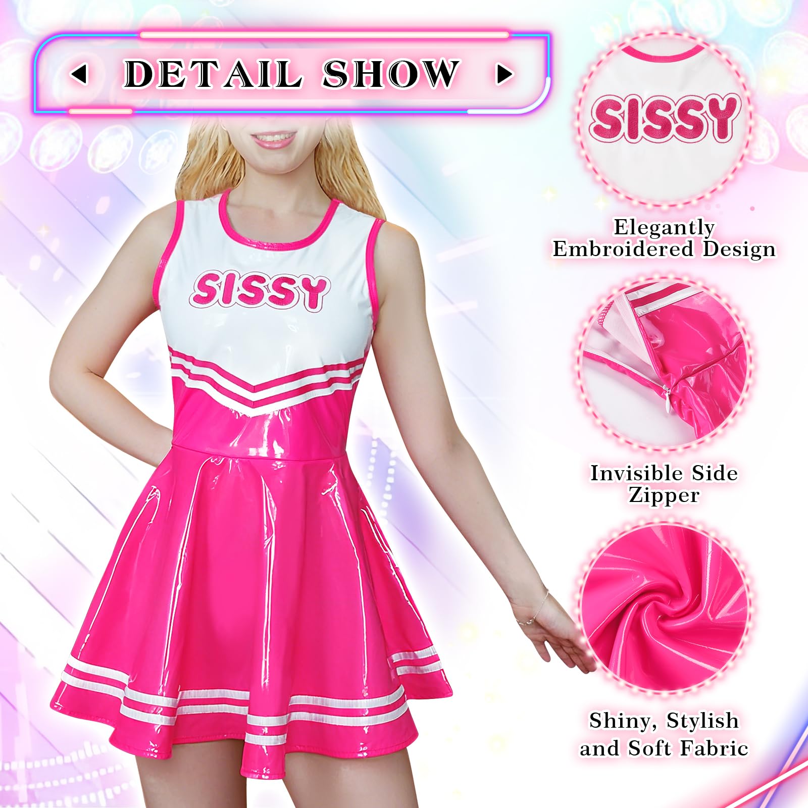Littleforbig Women Sleeveless Overall Cheer Sissy Bodycon Mini Dress Skirt: Faux Leather Hot Pink X-Large