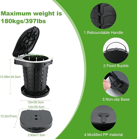 Portable Folding Toilet, Camping Toilet Collapsible Stool with Lid and Trash Bags, Adjustable Foldable Travel Toilet, Retractable Portable Toilet for Campervan, Hiking, Picnic, Fishing, Load 397lbs
