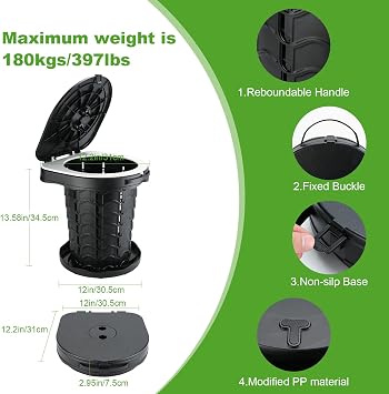 Portable Folding Toilet, Camping Toilet Collapsible Stool with Lid and Trash Bags, Adjustable Foldable Travel Toilet, Retractable Portable Toilet for Campervan, Hiking, Picnic, Fishing, Load 397lbs