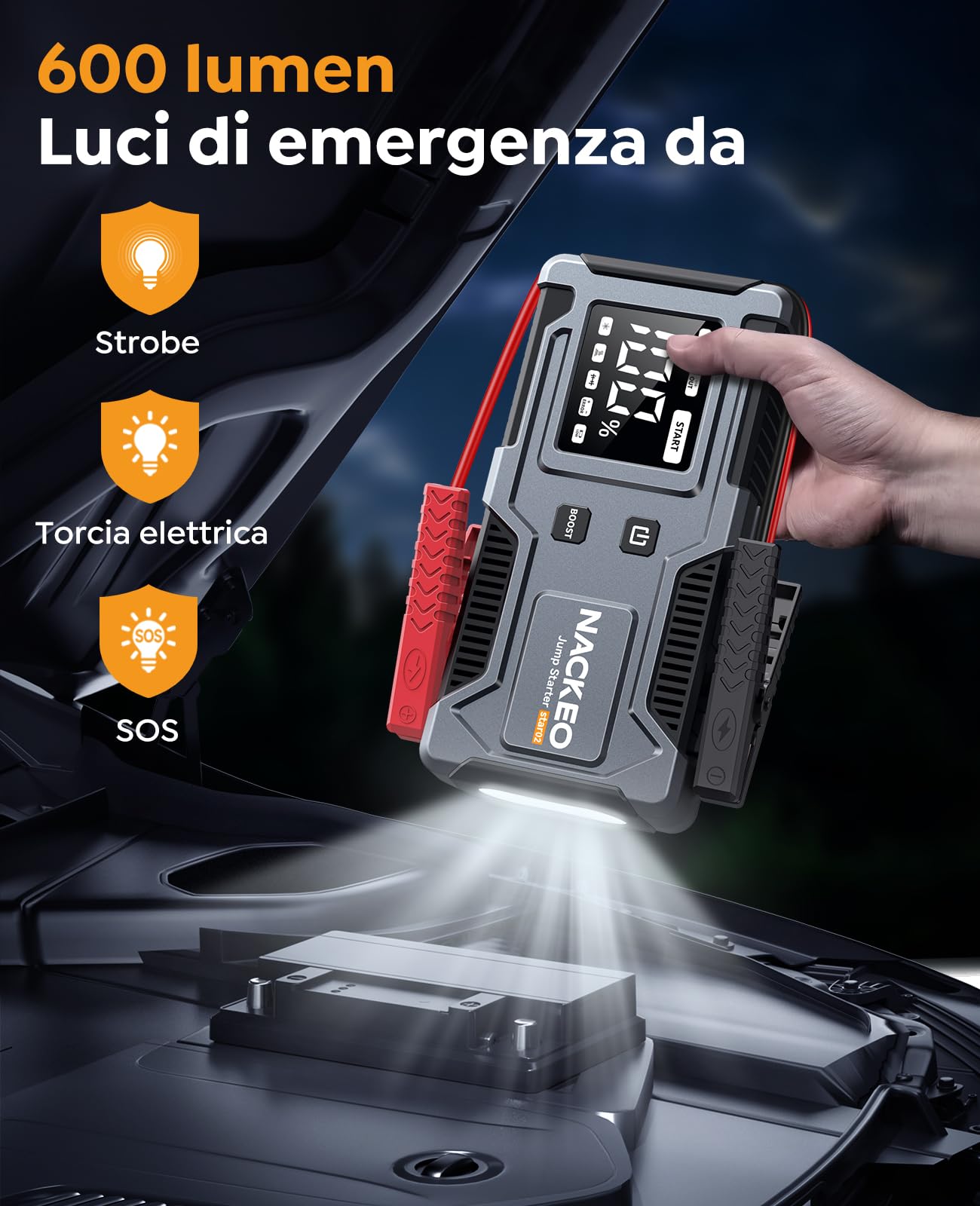 Avviatore Batteria Auto, 8000A Avviatore di Emergenza per Auto/Moto (9,0L Gas or 7,0L Diesel), Starter Batteria Portatile Jump Start con Cavi Integrati, Torcia LED, Lunga Autonomia, Ricarica Rapid