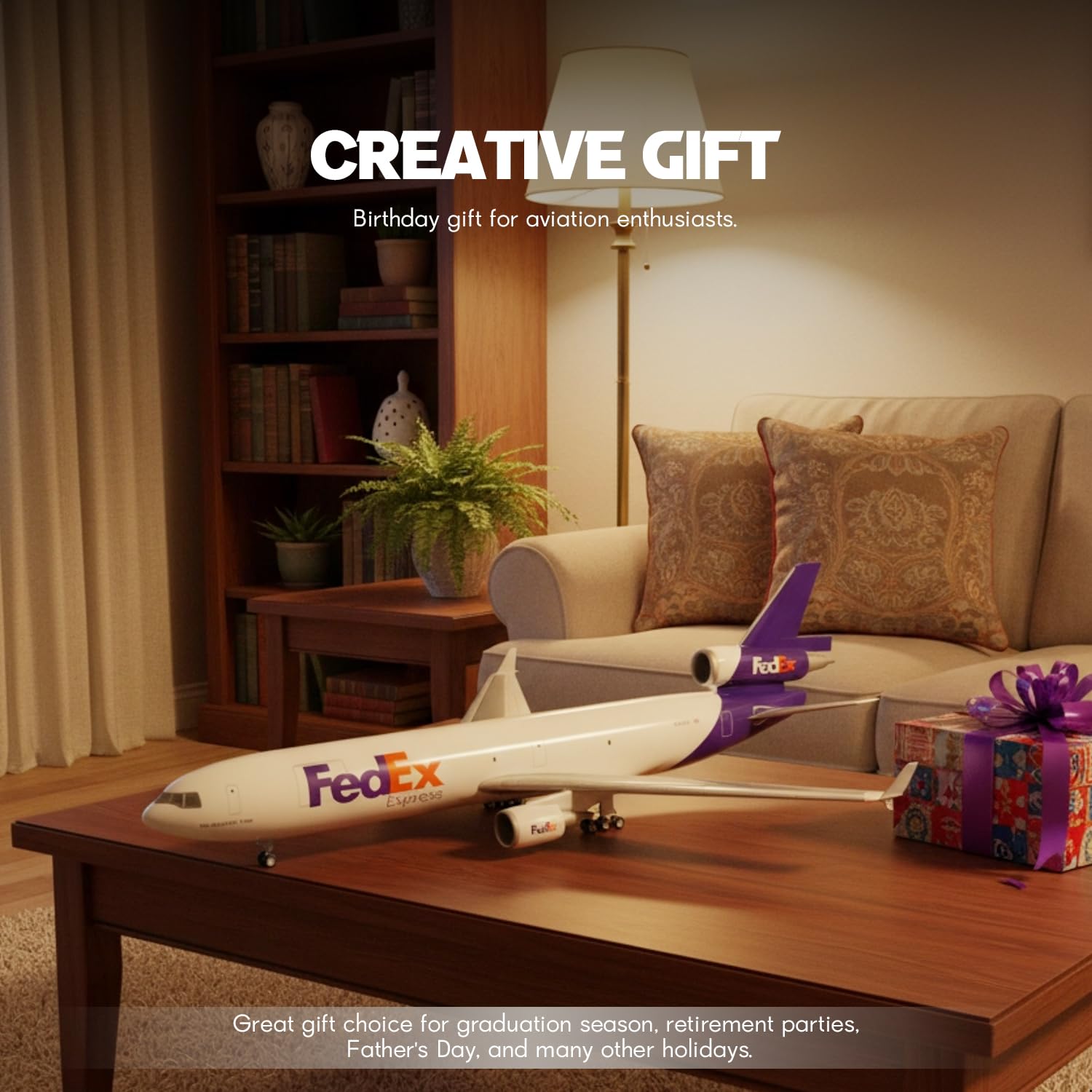 MD-11 model samolotu w skali 1:130, kompatybilny z FedEx, ze stojakiem (długość 47 cm), z żywicy, idealna jako pamiątka dla dorosłych, dekoracja do domu lub biura.