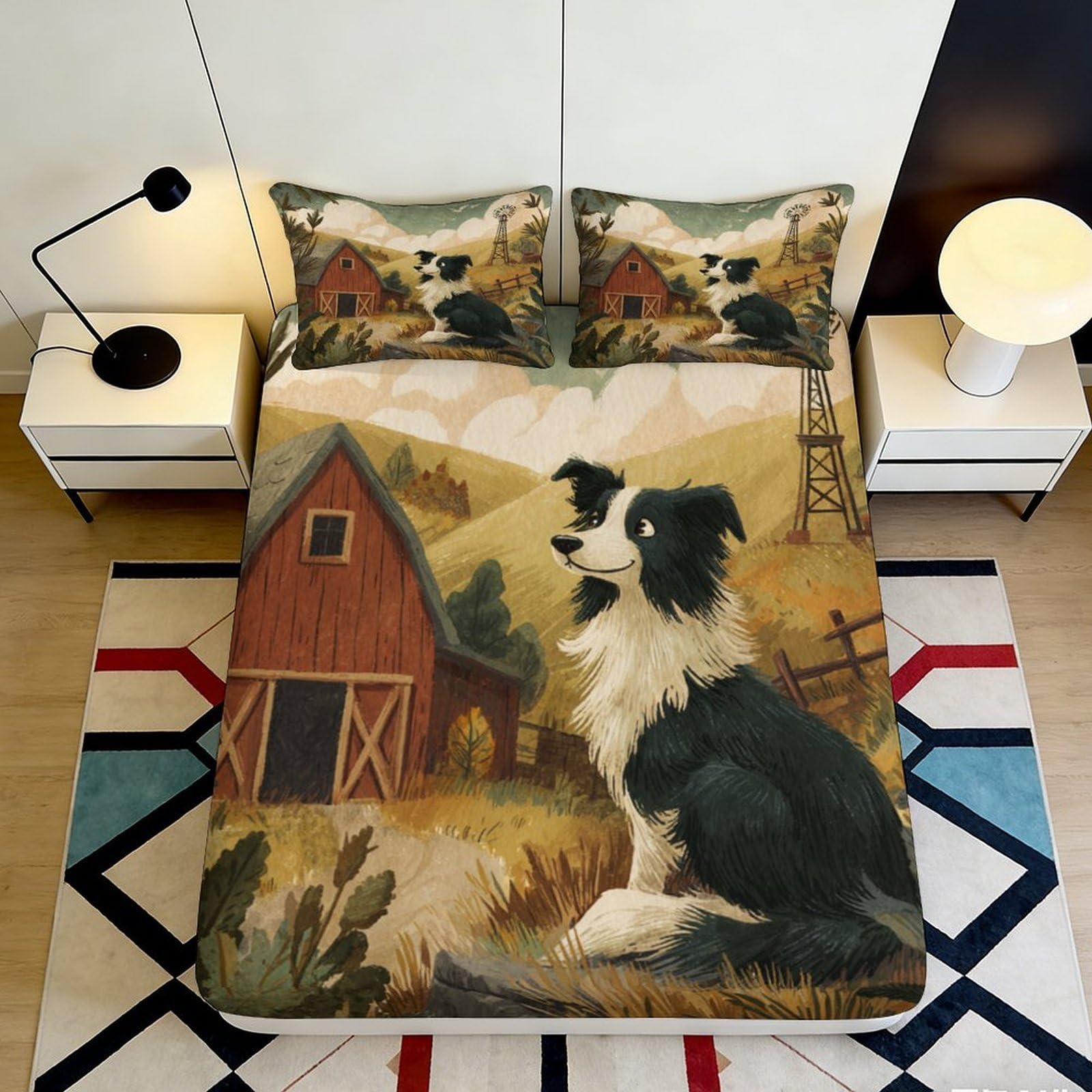 3D Printed Farm Dog Fitted Sheet Microfiber Deep Pocket Bedroom Bedding Pastoral Mattress Fitted Cover Non-Slip Washable 180x200x25cm