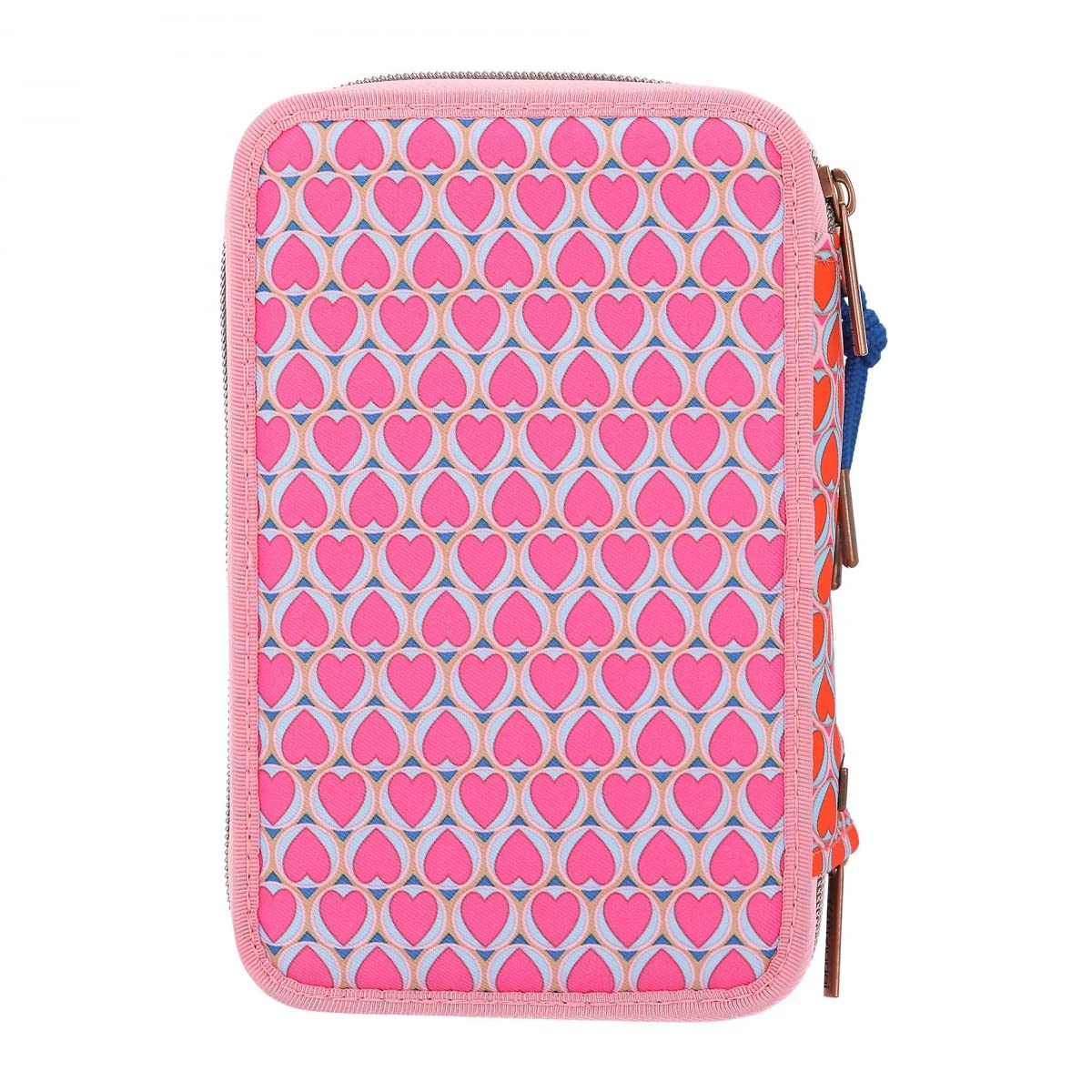 Depesche 11977 TOPModel Seventies - Gefüllte 3-Fach Federtasche mit Glitzer, Model-Motiv und Herz-Muster, Federmäppchen in Rosa mit Buntstiften, Lineal, Schere uvm.