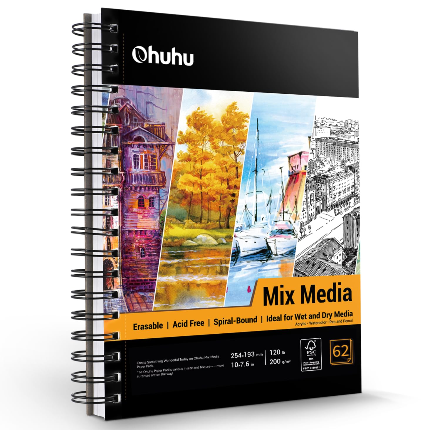 Ohuhu Skizzenbuch Mischtechnik im Hochformat - 200g/m² säurefreier Künstlerblock (62 Blatt), Spiralbindung für Nass- & Trockentechniken, ideal für Aquarell, Acryl, Bleistift & Pastell - 25 x 18 cm