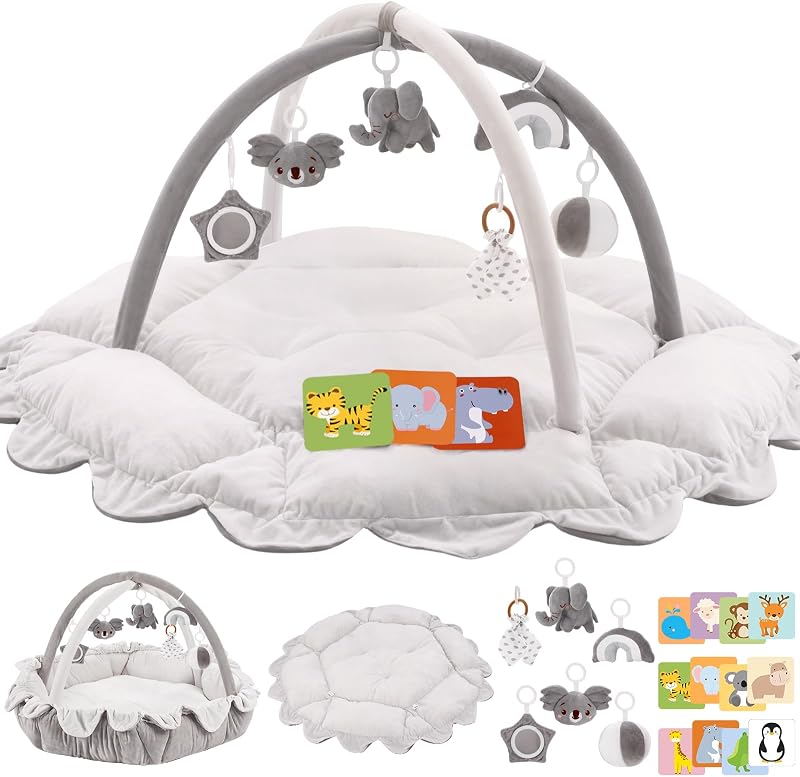 Gimnasio de juegos para bebés de felpa 5 en 1, colchoneta de actividades con gimnasio convertible, gimnasio para bebés con 6 juguetes sensoriales, centro de juegos para recién nacidos y niños pequeños, gris