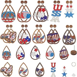 SUNNYCLUE 1 Box DIY 10 Pairs Wood Earring Making Kit American Flag Charms Red White Blue 4Th of July Patriotic Charm Wooden Independence Day Dangle Earrings for Jewelry Making Kits Women Adult Gifts