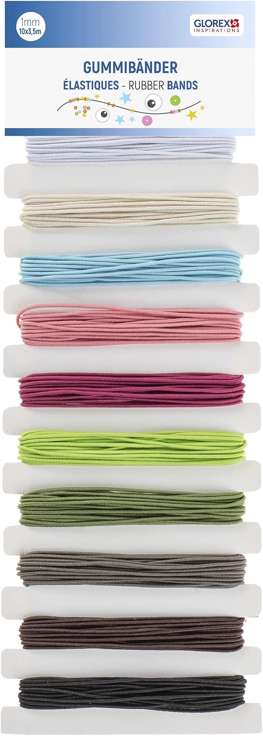GLOREX 6 1630 360 Rubber Bands Set, 10 Pieces, 1 mm, Length 3.5 m, Assorted Colours, for Crafts, Decorating and Being Creative