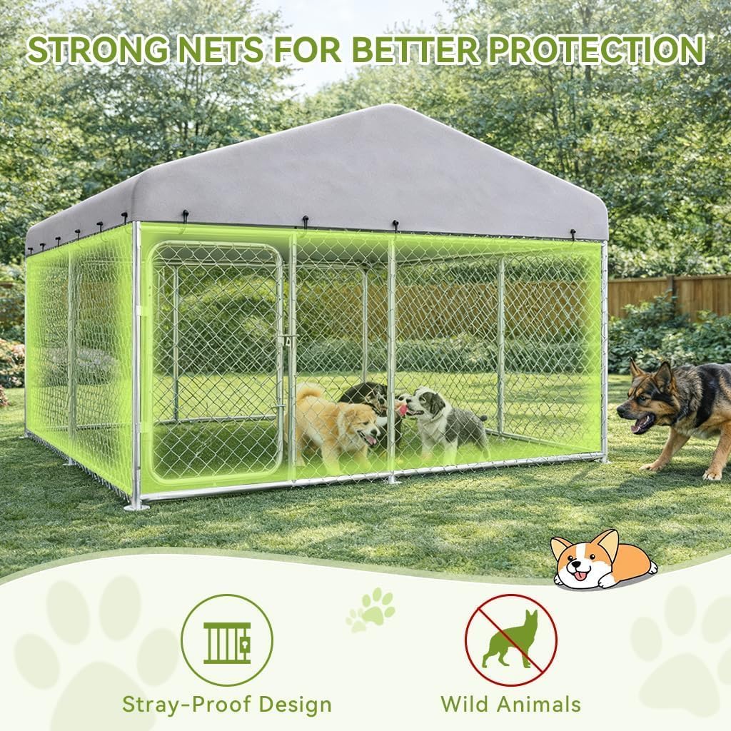 COMHOMA Dog Kennel Outdoor with Roof,Large Metal Dog Enclosure with Weather-Resistant Cover,Lockable Gate for Medium Large Dogs (Silver, 10x10FT (124in)