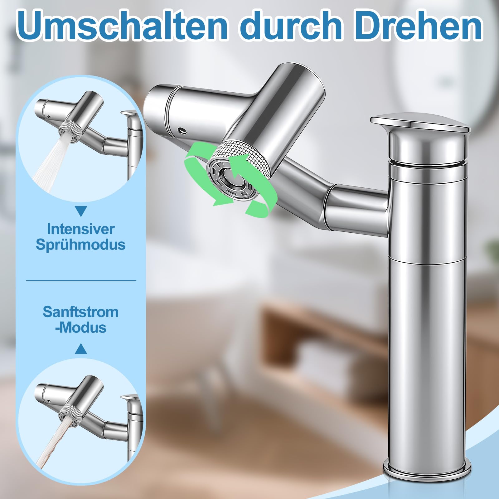Wasserhahn Bad mit Temperaturanzeige(Batterielos), 1080° Drehbar Einhebelmischer Waschbecken, Höhenverstellbare Badezimmer Wasserhahn, Waschtischarmatur Hoch