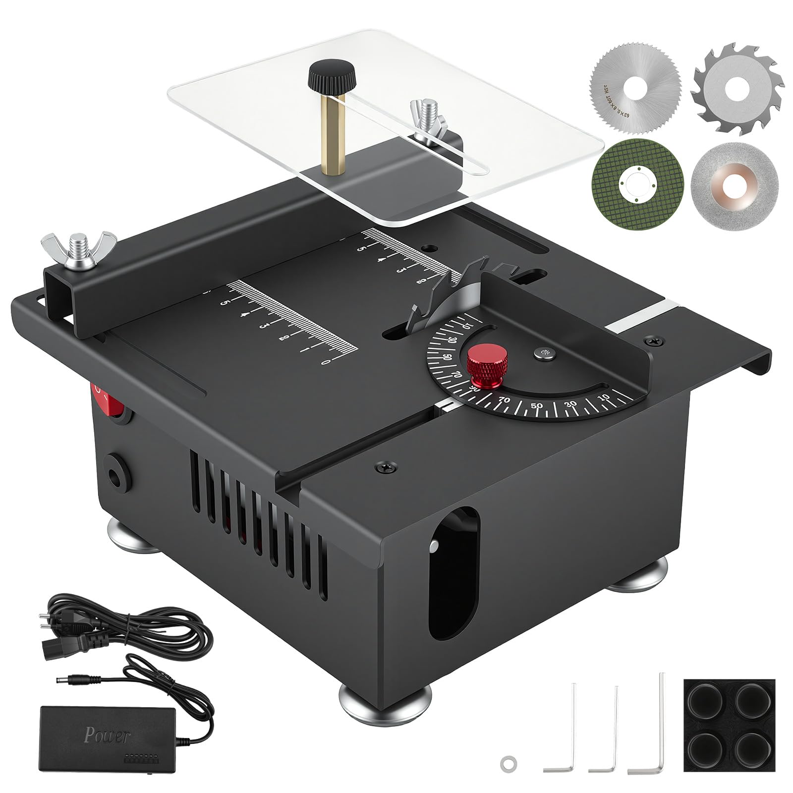 Mini Taglierina Circolare da Tavolo con 4 Lame 100W, con Alimentatore a 7 velocità, Altezza della Lama Regolabile da 0,1 a 16 mm, taglierina Circolare Multifunzionale e Portatile