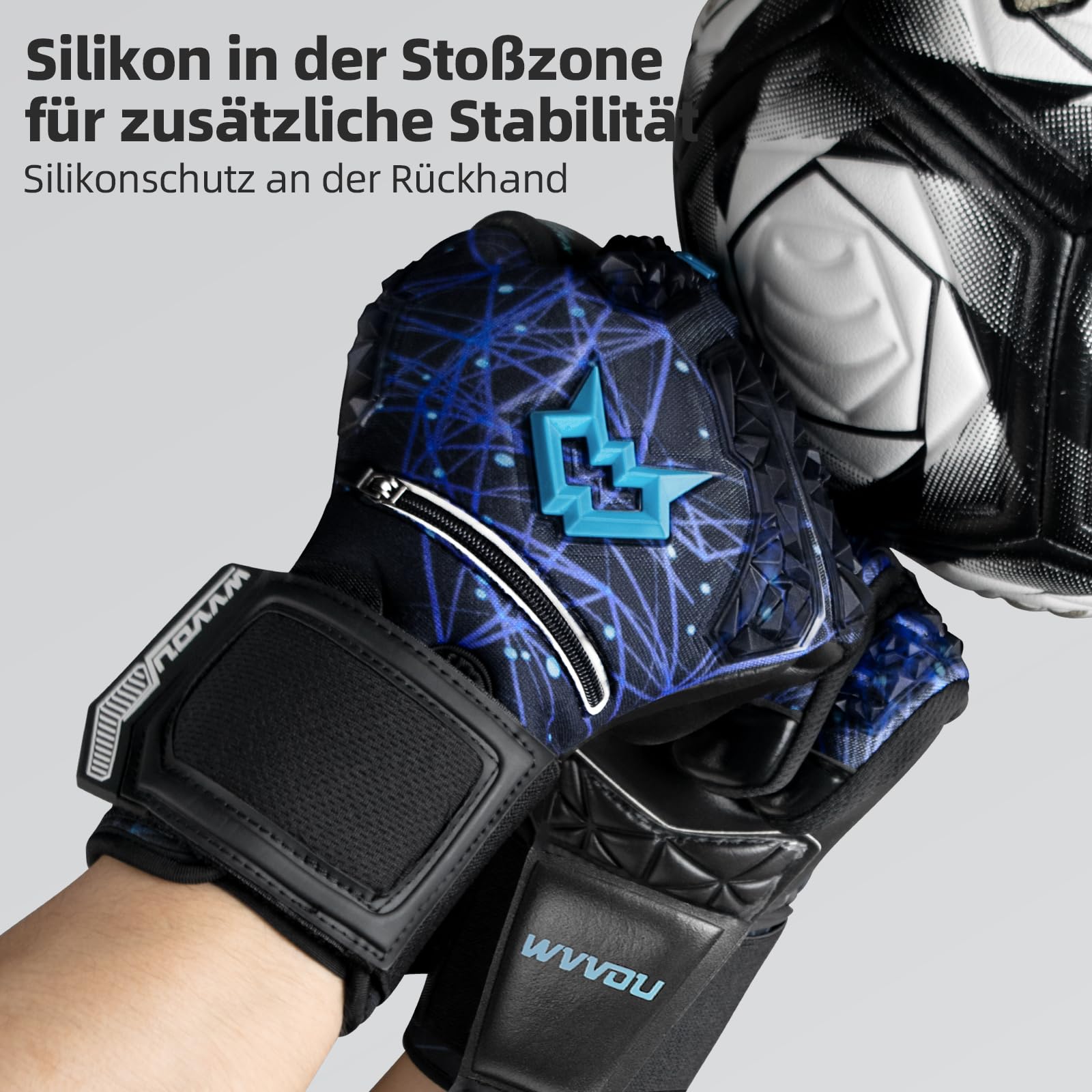 WVVOU Torwarthandschuhe Kinder und Herren, Profi Fußballhandschuhe mit 5 Abnehmbare Fingersaves (Fingerschutze), 4+3mm Latex für Gecko Grip, Silikon-Schlagbereich,Größe 6-11