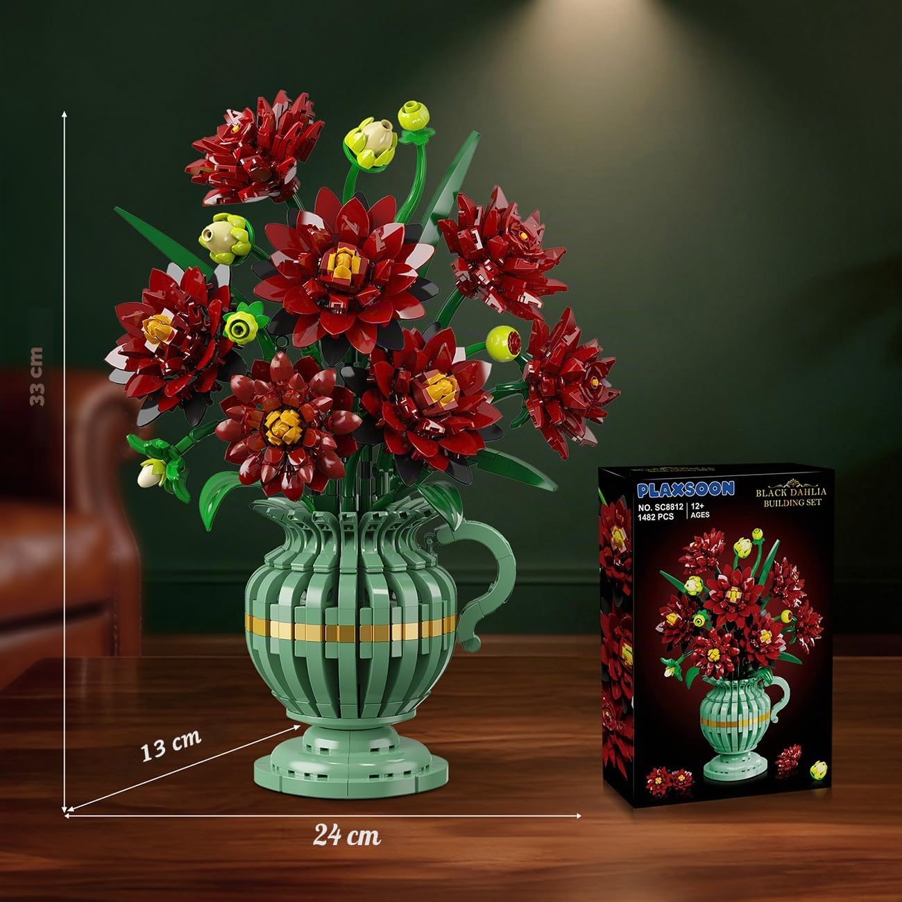 PLAXSOON Kit de Construction de Fleurs Dahlia avec Vase, Collection Botanique Bouquet de Fleurs en Blocs, 1482 PCS Kit Bonsaï Artificiel Gothique Déco Maison Cadeau pour Elle Adultes Enfants Filles