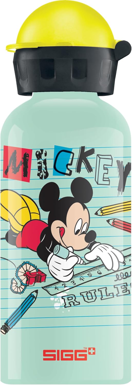 SIGG - KBT Disney Mickey Mouse School alüminyum içecek şişesi, sızdırmaz ve kırılmaz, tüy kadar hafif, BPA içermez, iklime zarar vermez sertifikalı, spor ve okul, beyaz yeşil, 0,4 l