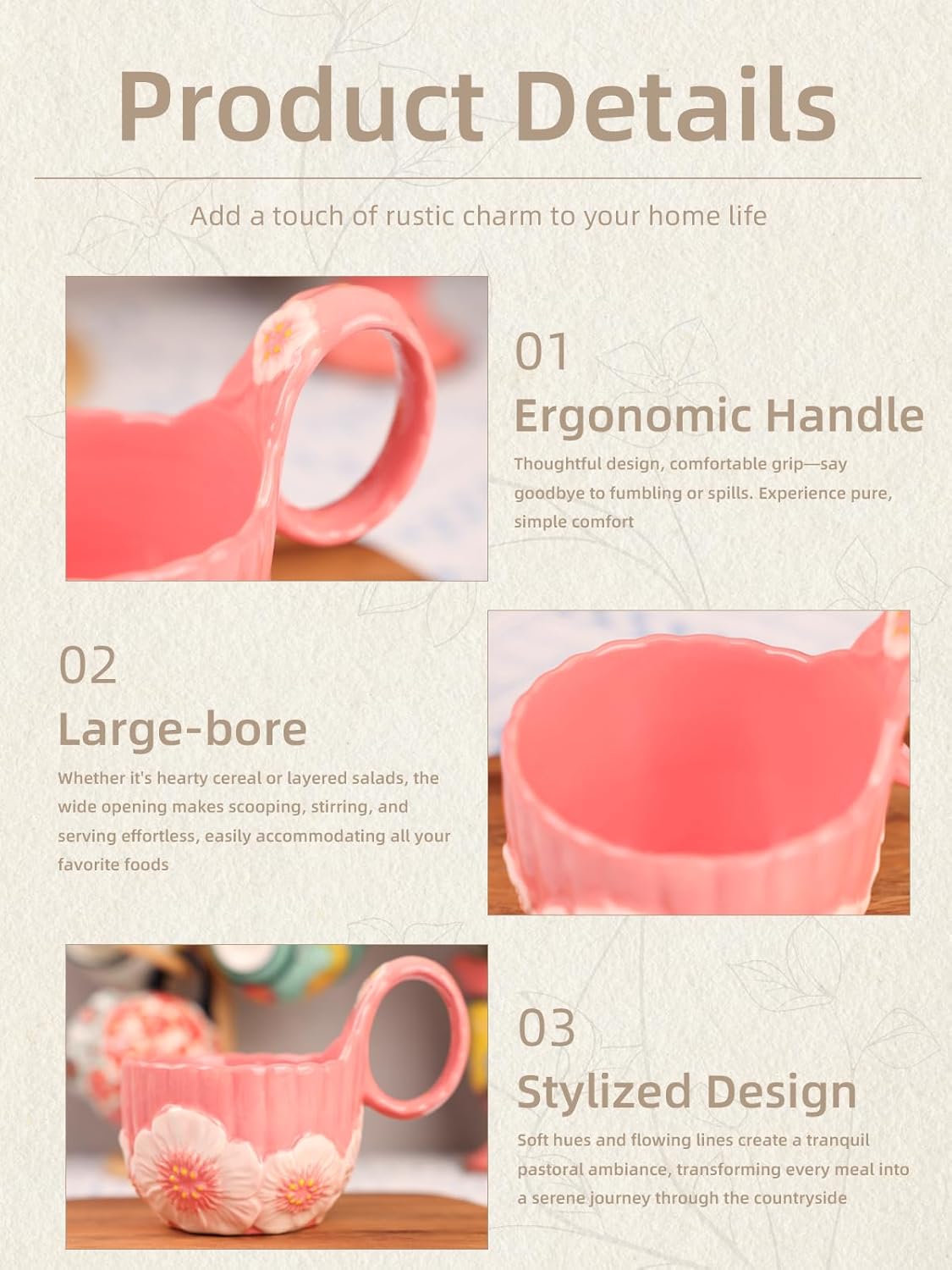 silesia Handmade Ceramic Soup Bowl with Loop Handle, Hand-Painted Coffee Mug,13 oz Cereal Cup for Milk,Oatmeal, or Cocoa, Dishwasher & Microwave Safe (Pink)