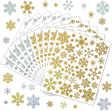 440 Pcs Glitter Snowflake Stickers 10 Sheets Waterproof Vinyl Decals for Bottles, Windows, Laptops, Journals, Gift Wrapping, Home Decor & DIY Crafts, Decorative Holographic Stickers Gold & Silver