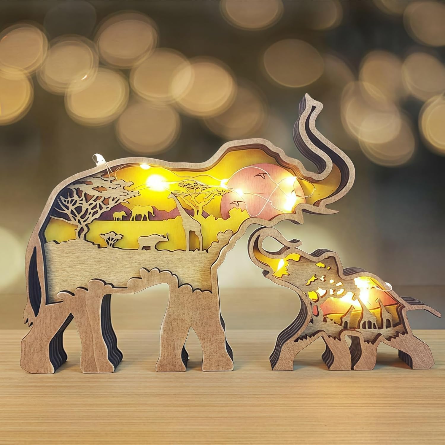 3D Wood Carving Animals Lamp Home Decorative, Cute Bear Family Elephant Presents Ideas Christmas Living Room Office Decor Warm LED Night Lights Gift for Friend Daughter Son Mom Dad (Elephant)