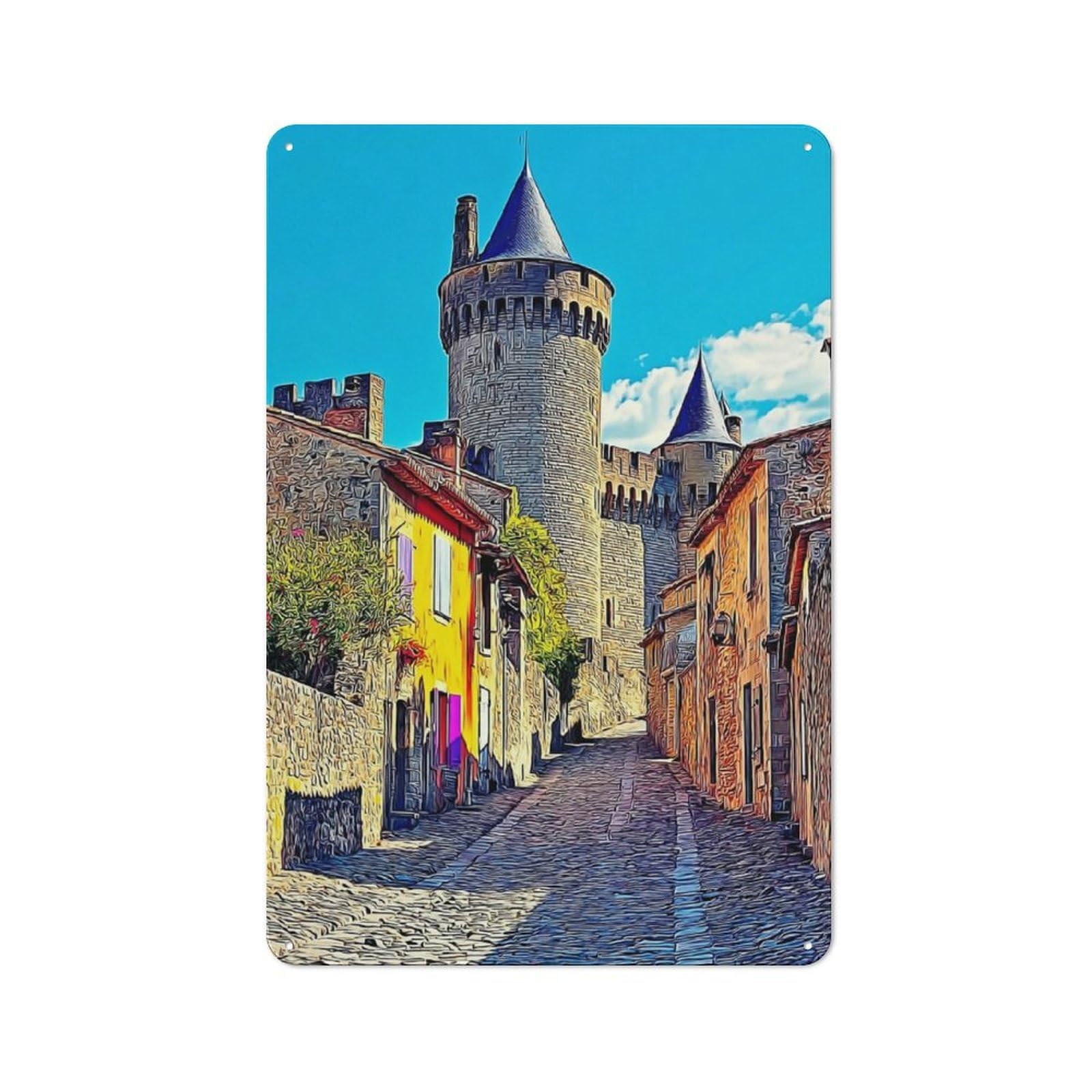 Junmoney Medieval Castle Street Scene Retro Metal Sign 30X20cm For Lounge Or Reading Corner, For An Autumn Wall Display In Lounge And Reading Corner