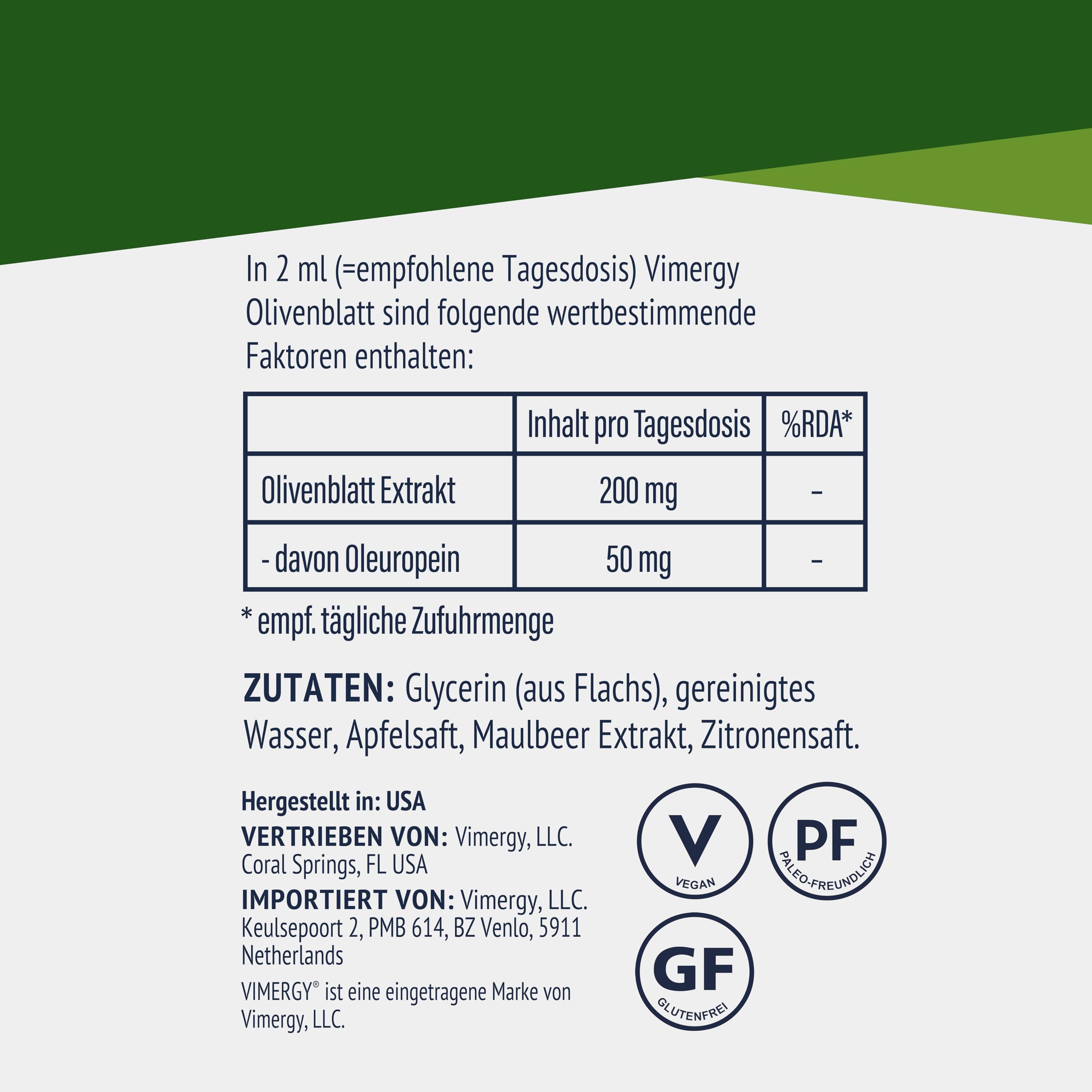 Vimergy Olivenblatt, 57 Einnahmen – Olivenblattextrakt Flüssig – Olivenblattextrakt – Vegane Nahrungsergänzung -– Ohne Zucker oder Bindemittel – Gentechnik- und Glutenfrei (115 ml)
