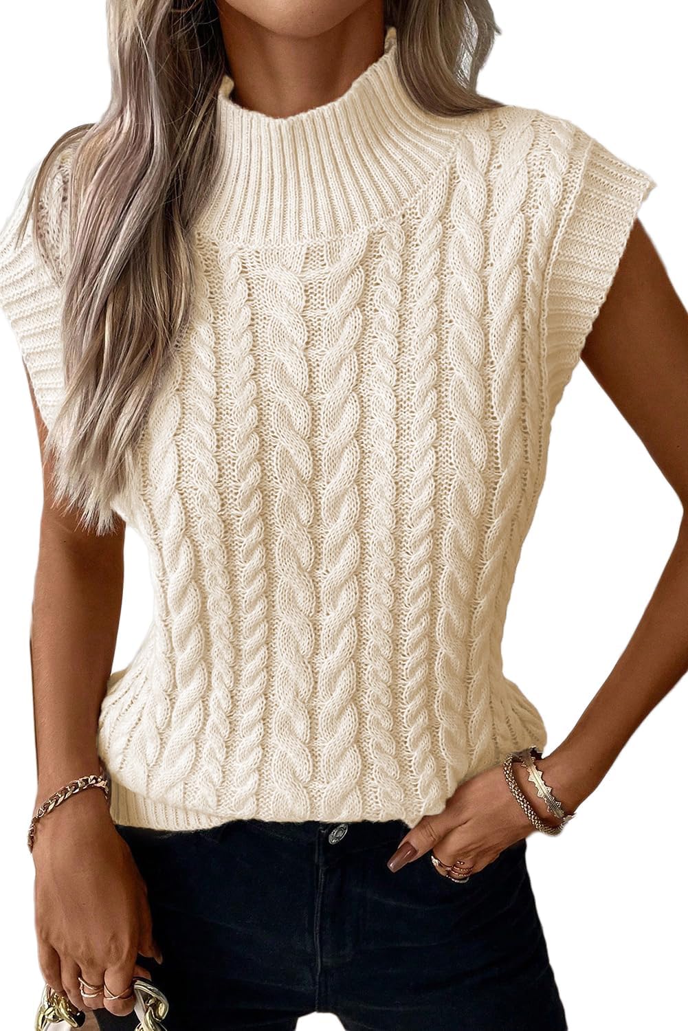 Women's Oatmeal Cable Knit High Neck Sweater Vest