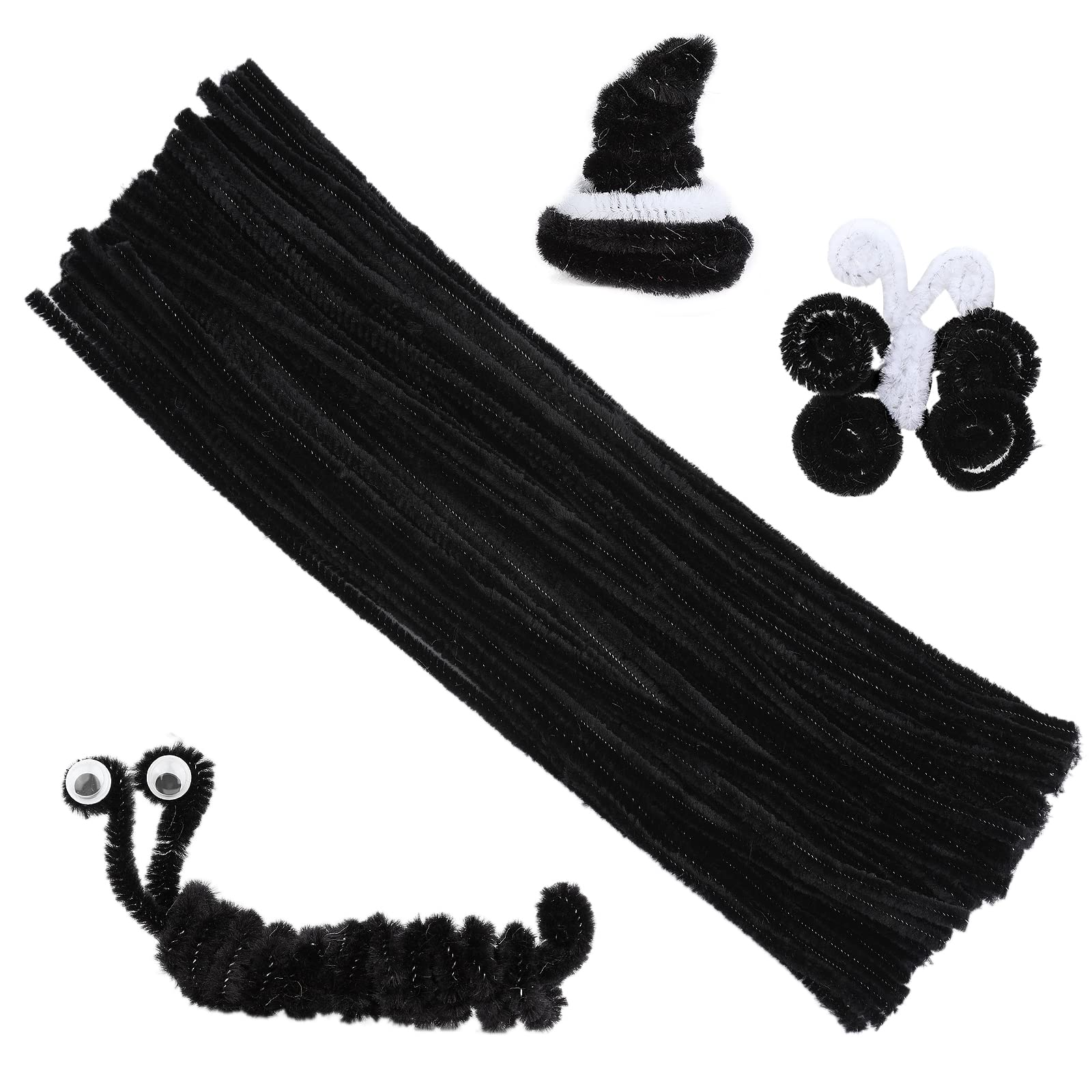 Pack De 100 Limpiadores De Pipas Negros De 30 Cm + 100 Ojos Móviles – Kit De Manualidades Para Niños Y Decoración Navideña
