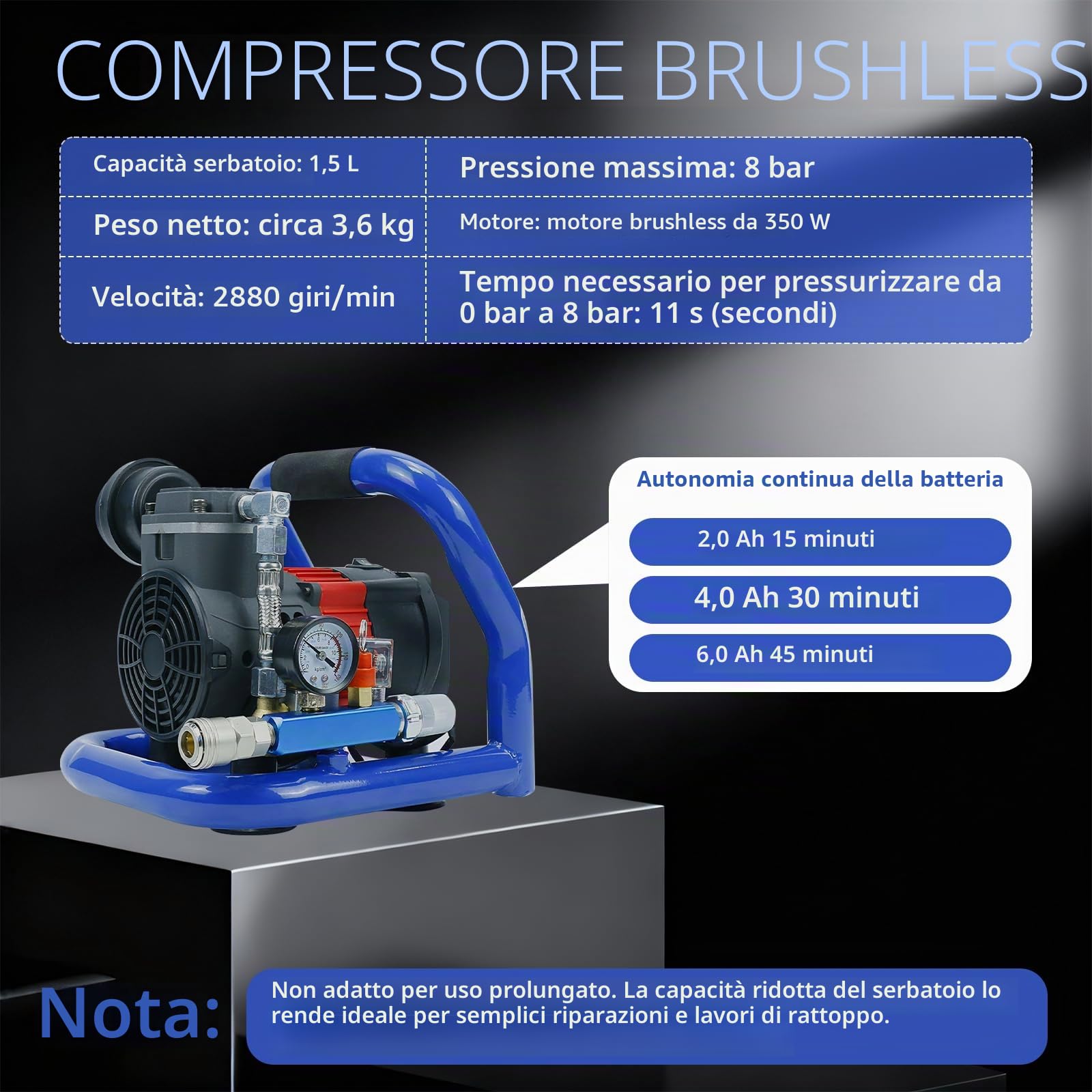 Compressore d'aria a Batteria, Compressore Aria Senza Olio Portatile, Pressione Massima 8 Bar, Capacità 1,5 L, Manometro, Include 2 Batterie e Caricabatterie