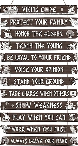 Vista 8 de Thinkday Decoración vikinga, letrero nórdico, código vikingo, decoración de pared, runa nórdica pagana de madera, valknut nórdico medieval vegvisir