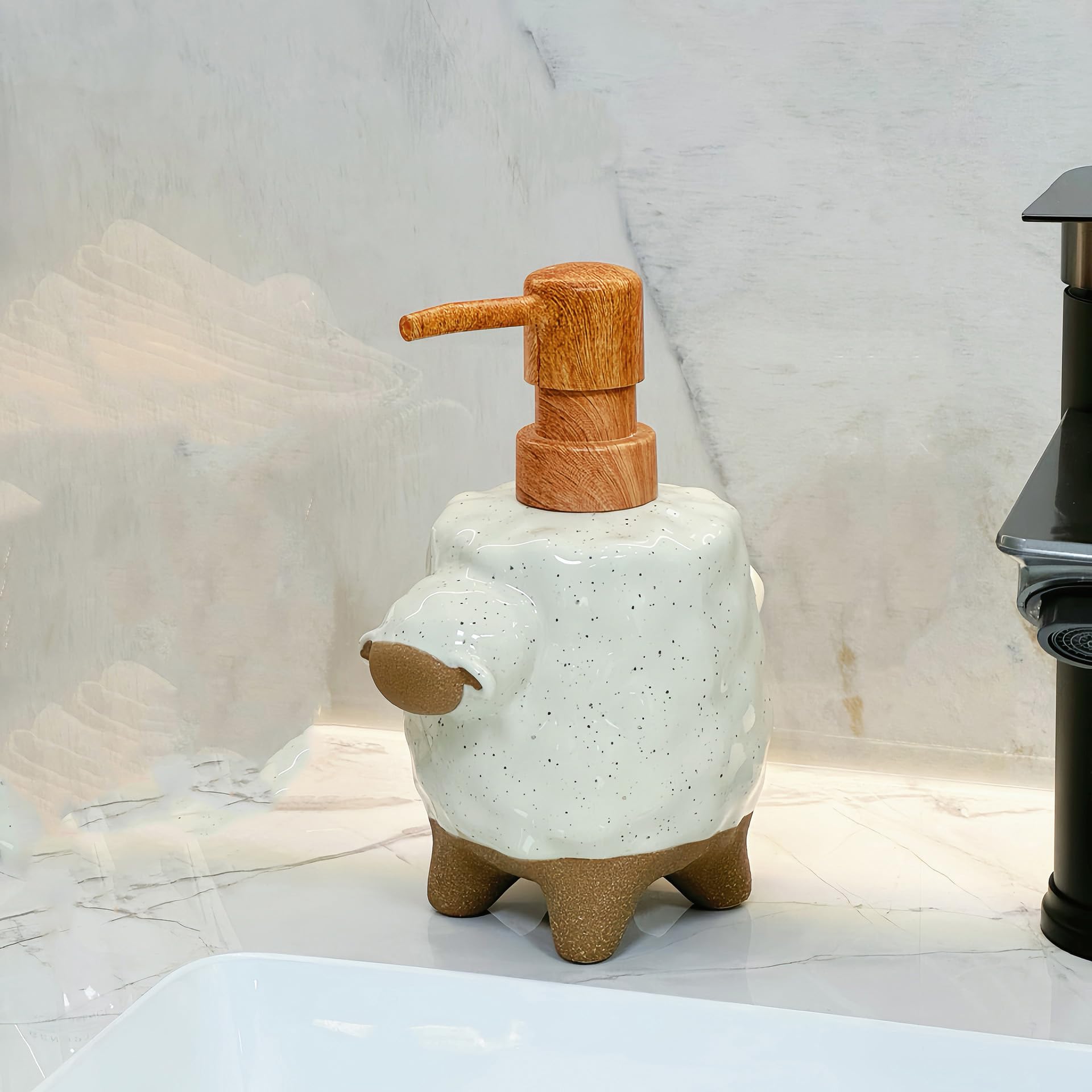 Hosoncovy Cartoon Sheep Ceramic Liquid Soap Dispenser with Pump,Pump Bottle Dispenser, Refillable Hand Wash Liquid Lotion Jar for Bathroom, Countertop, Kitchen (Brown)