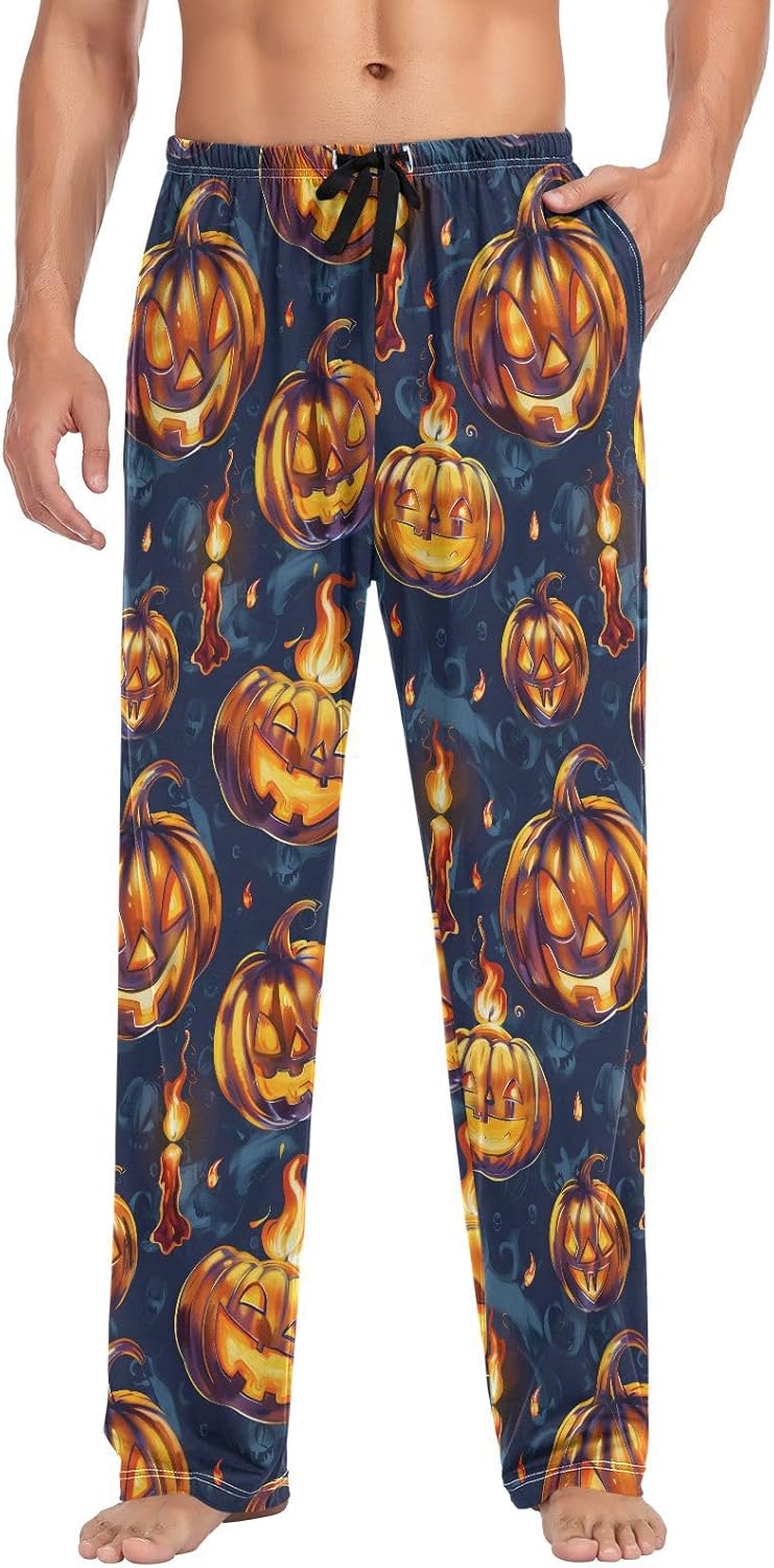 ALAZA Pumpkin Laugh Halloween Men's Sleepwear Mens Pajama Pants Bottoms with Pockets, S