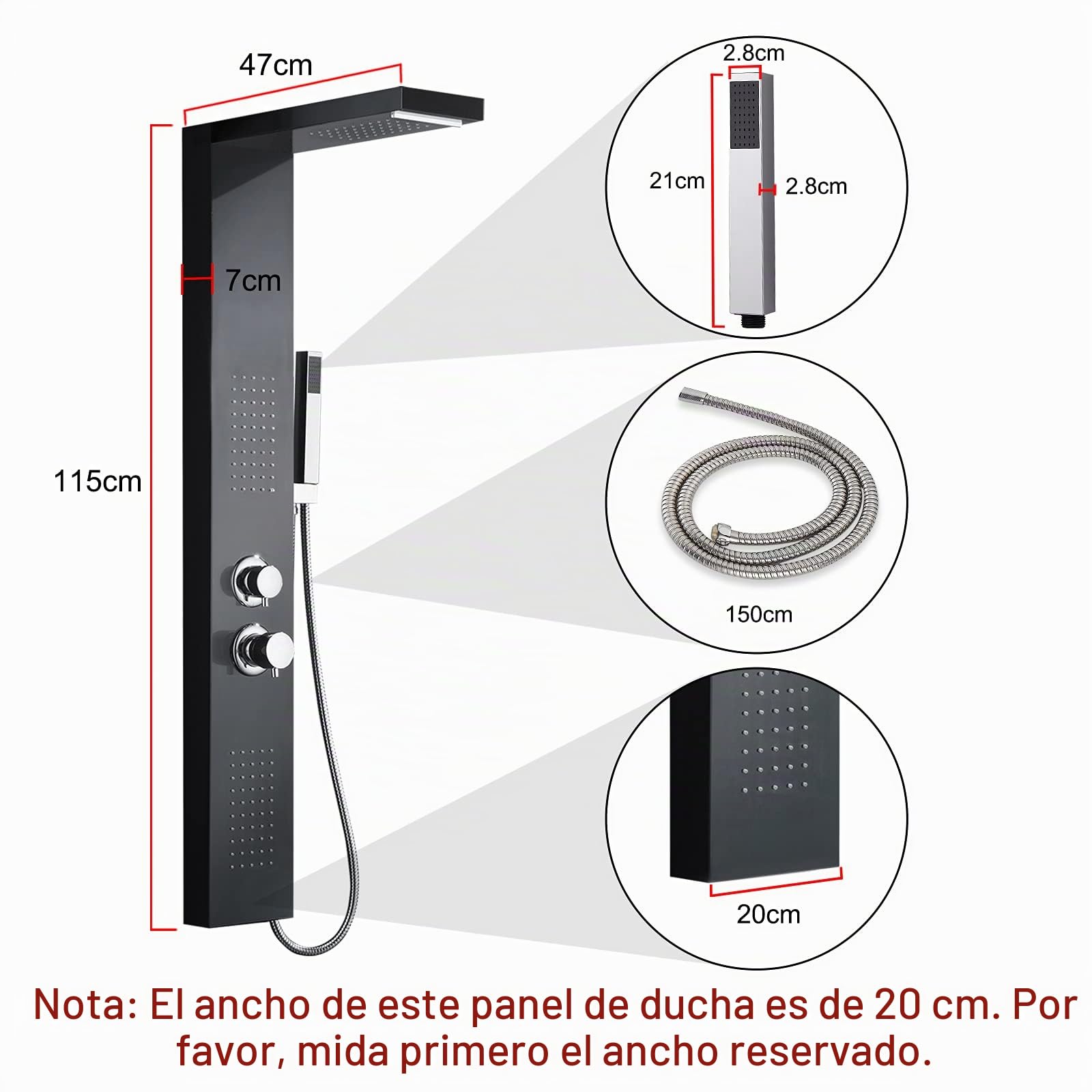 NAIZY Panel de Ducha 4 en 1 Multifuncional - Conjunto de Lluvia y Cascada de Acero Inoxidable 304 Con Ducha de Mano y Masaje, Negro