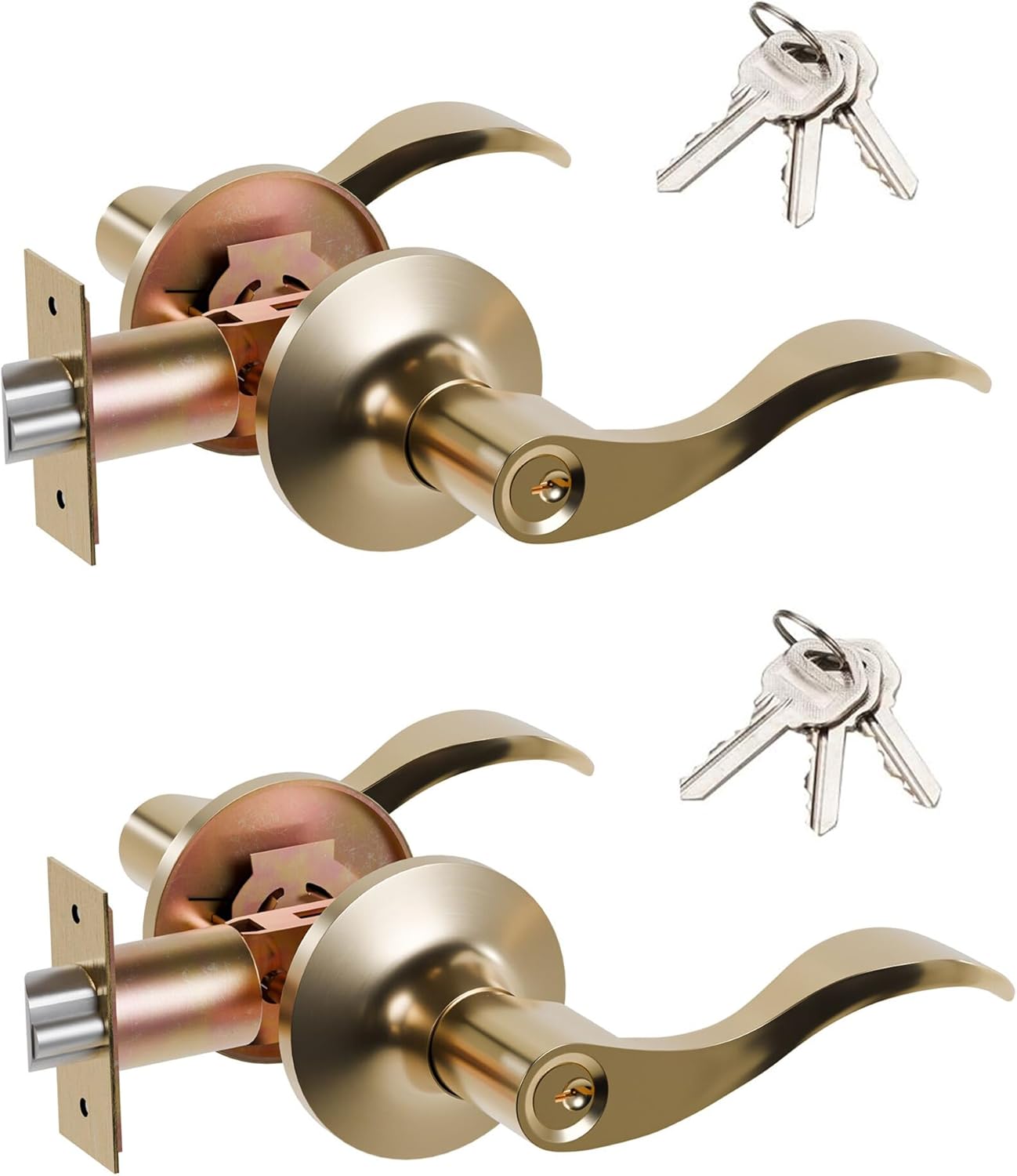 2 Pack of HENYIN Wave Lever Keyed Entry Door Lock/Door Knob Hardware Handle and Closet Lockset, Gold Color, with Key,Right Hand(805-G-R-2)