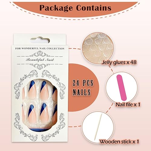 Miniatura 4 de Uñas postizas a presión con punta francesa, uñas postizas medianas en forma de almendra, diseños de estrellas rosadas, uñas postizas de cobertura