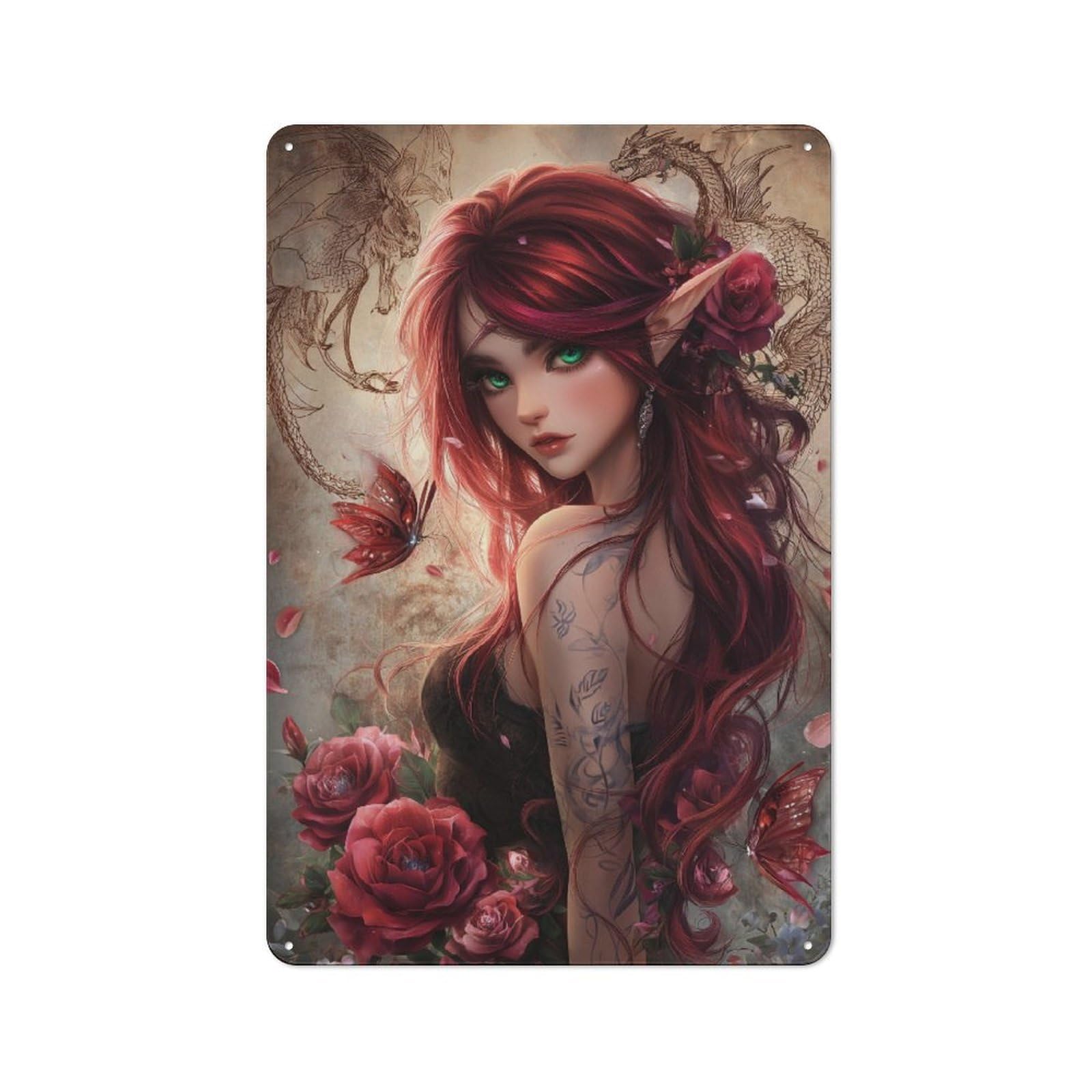 Junmoney Dragon's Embrace Rose And Butterfly Printed Metal Sign 30X20cm For Kitchen Or Home Bar, Housewarming Present For People Styling Kitchen And Home Bar