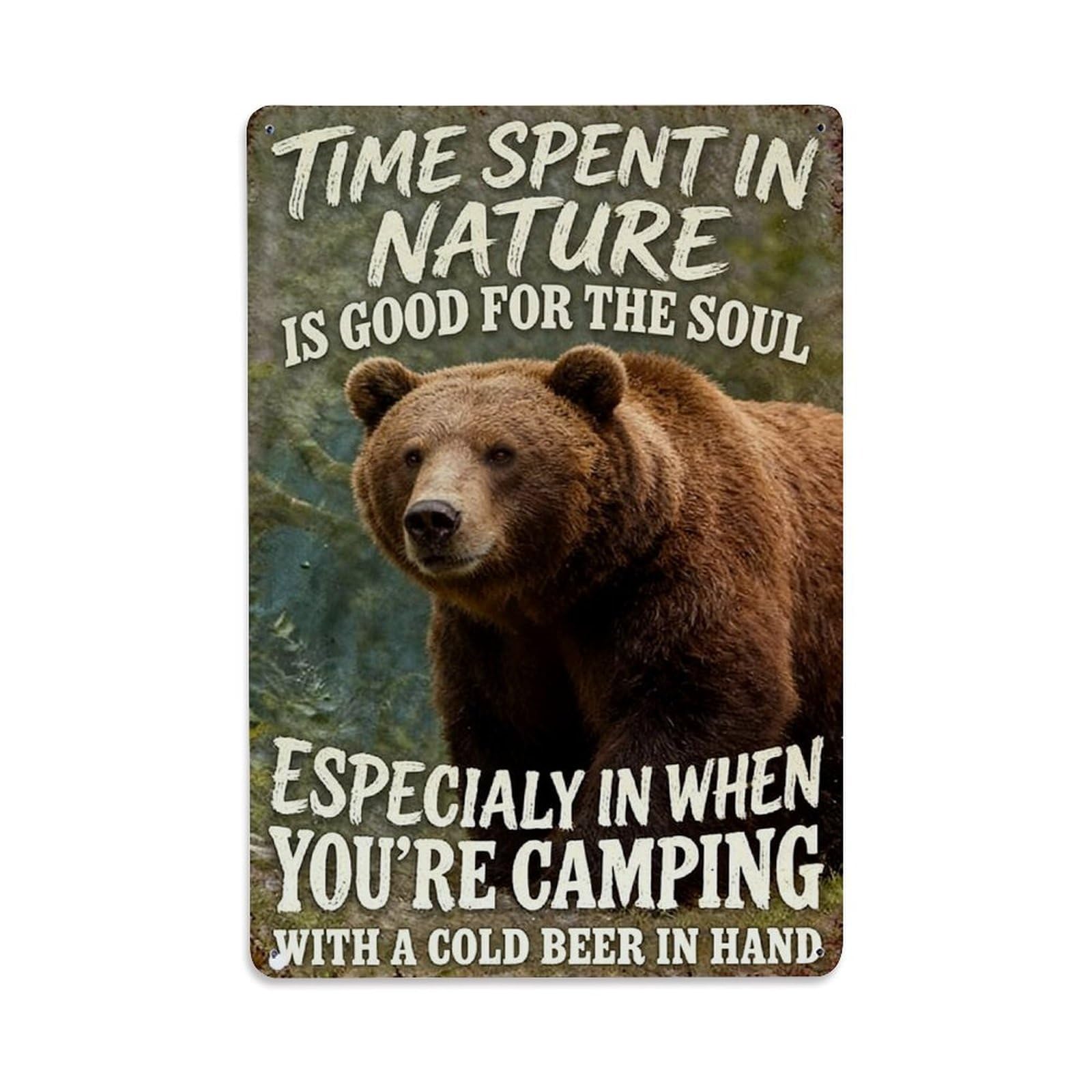 Nestemfo Vintage Bear In Nature Camping Scene Tin Sign Metal Sign, Living Room,Bar, Home, Bedroom Wall Decor,Retro Metal Poster 8X12 Inches
