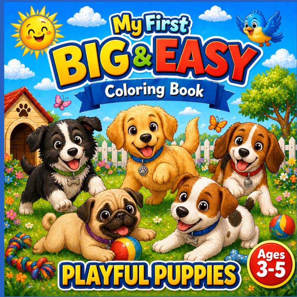 My First Big & Easy Coloring Book: Playful Puppies for Toddlers Ages 3–5: Bold and Simple Designs for Beginners, Cute Puppies in Fun Scenes, Easy ... 66 Pages, Bonus Color Test Page, No Bleed