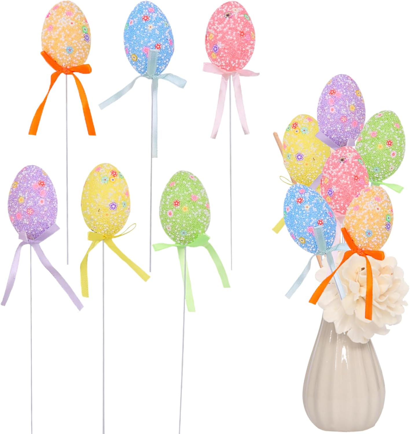 6 Pcs Easter Eggs Fake Egg Decorative Sticks Foam Spring Floral Picks Stems Bouquet Flower Arrangement Egg Sticks for Table Home Wreath