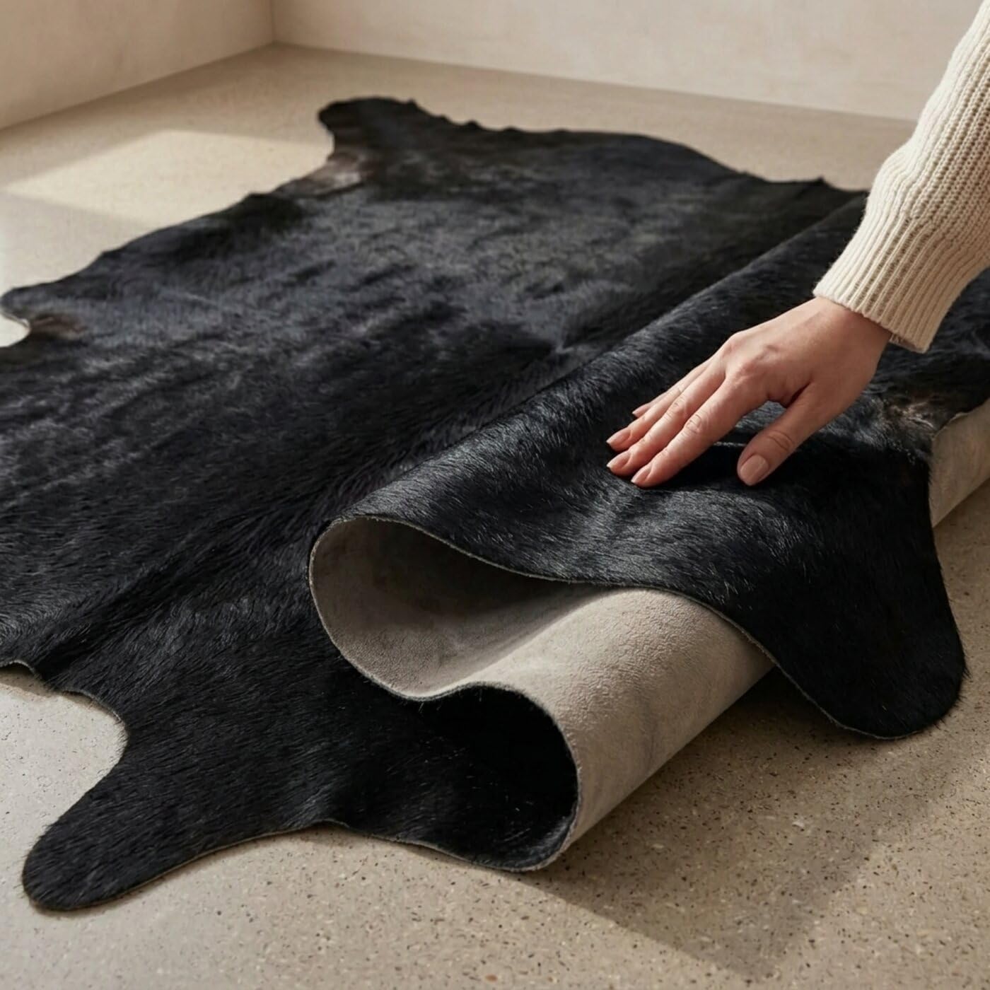 Hide & Haus Tapis en Peau de Vache véritable Noir, Format Grand (220 x 200 cm), avec 4 Dessous de Verre en Peau de Vache
