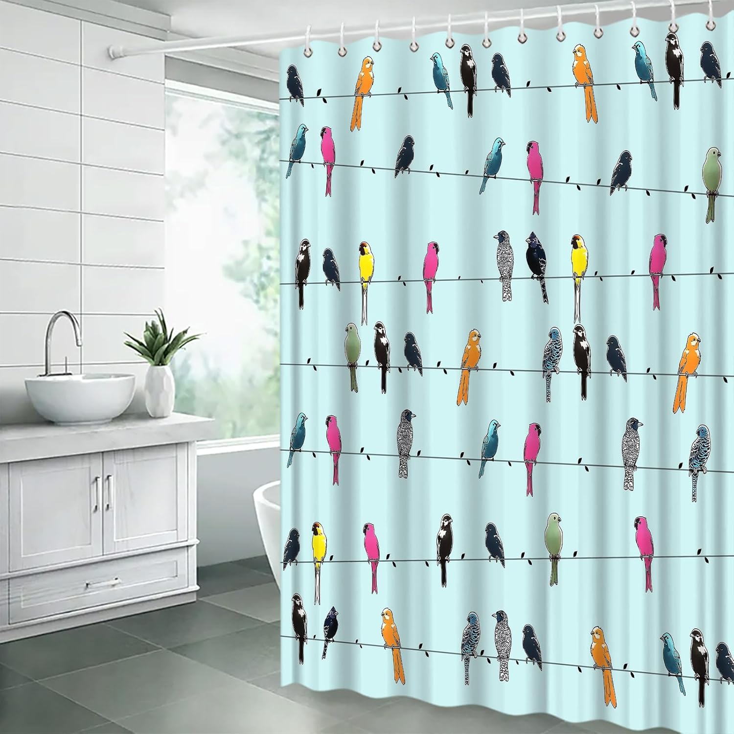 Bird Shower Curtain Birds on Tree Cute Colorful Boho Floral Funny Animal Farmhouse,Teal 70" Wx78 H Fabric Bathroom Decor Curtain with Hooks