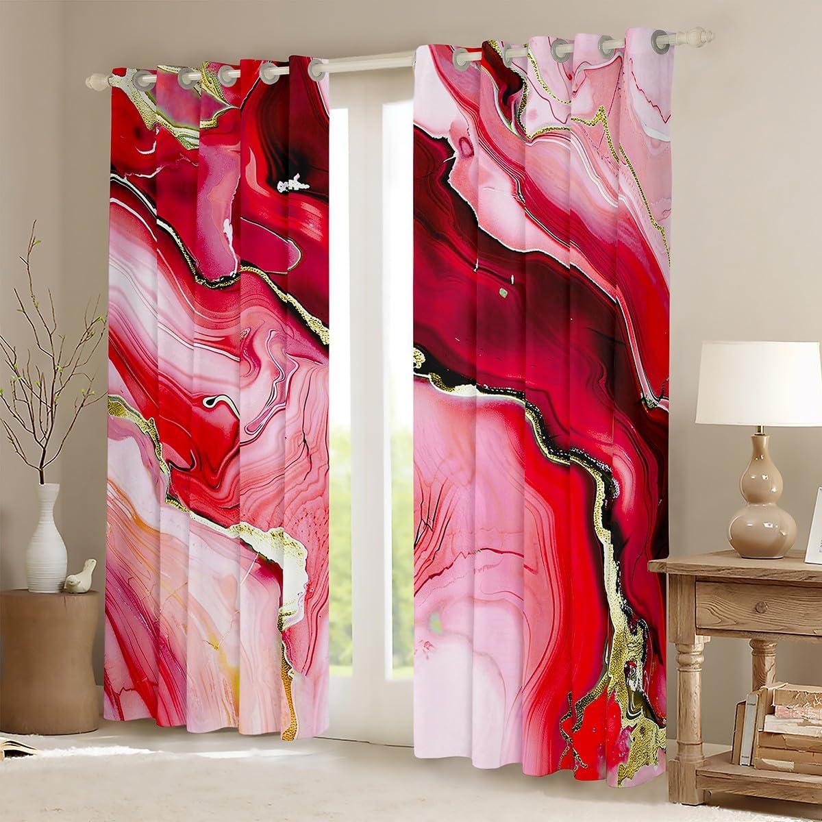 Feelyou Red Marble Curtains for Bedroom Living Room Red Gold Glitter Abstract Marbling Pastel Blackout Shades Luxury Room Darkening Curtain Window Treatments, 2 Panels 52 x 96 Inch Decor image 2