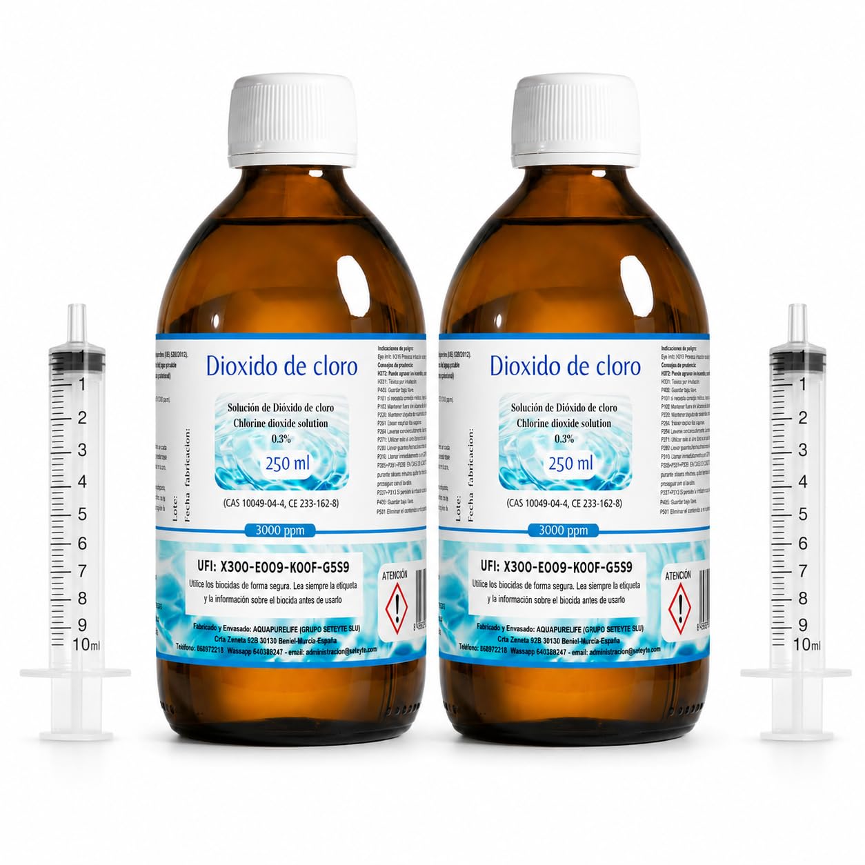Dióxido de Cloro 3000 ppm - CDS | CDL - Envasado en Botella de Cristal Ámbar - 2 Botellas 250ml = 500ml - Compra Ahorro - Fabricado en España