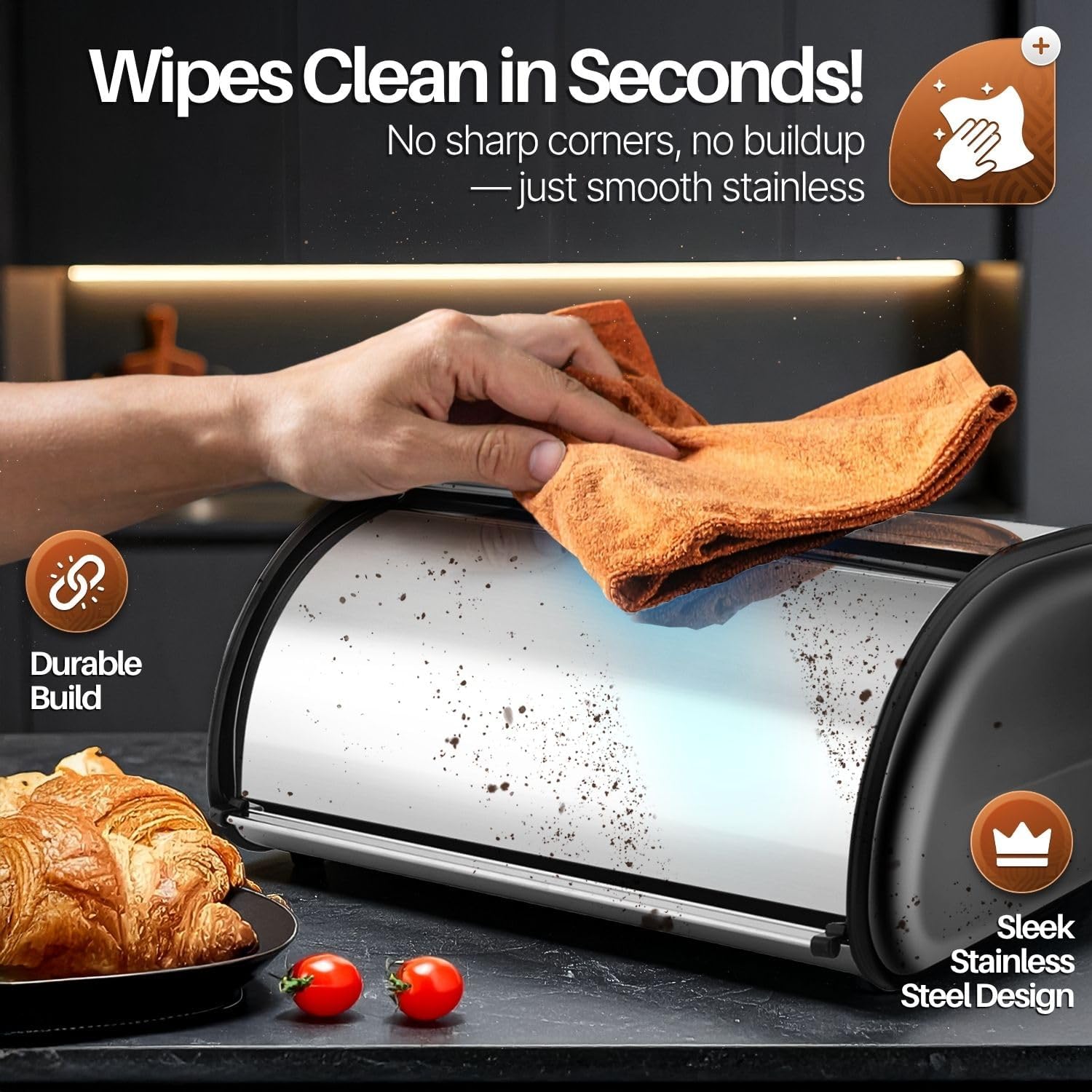 Flexzion Stainless Steel Bread Box For Kitchen Countertop (13 inch) Metal Roll Up Top Lid Storage Container Bin Keeper for Cake Buns Toasts Loaves Pastries Pancakes, Ideal for Restaurant Home Kitchen