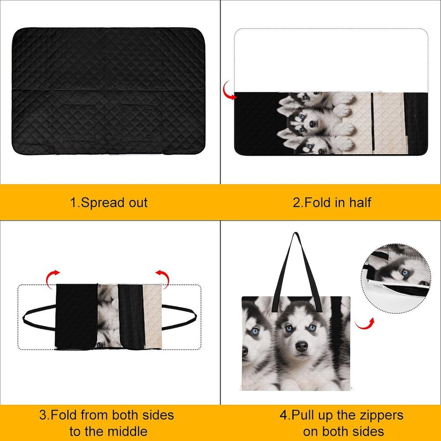 Husky Dog Picnic Blanket 150x100cm, Foldable 2-in-1 Picnic Mat and Tote Bag Portable Waterproof Beach Mat Sandproof Outdoor Blanket for Park, Hiking, Beach, Camping, Travel