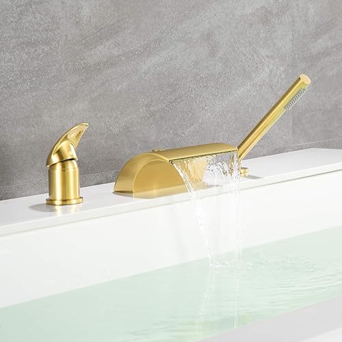 Miniatura 3 de sumerain Grifo de bañera romana de 3 agujeros con ducha de mano, alto flujo de una sola manija cascada relleno de bañera acabado dorado cepillado