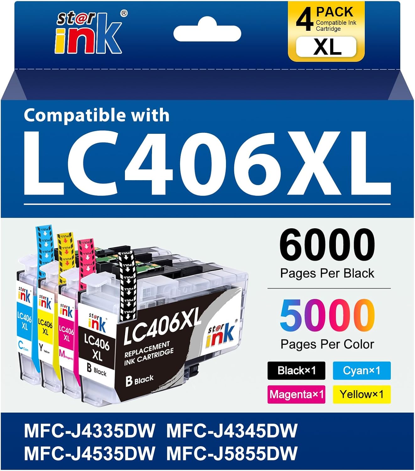 Starink LC406XL Ink Cartridges Replacement for Brother LC406XL LC406 XL LC406 Compatible with MFC-J4335DW MFC-J4535DW MFC-J5855DW MFC-J6555DW MFC-J6955DW Printer Black, Cyan, Magenta, Yellow, 4P