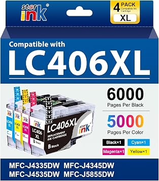 Starink LC406XL Ink Cartridges Replacement for Brother LC406XL LC406 XL LC406 Compatible with MFC-J4335DW MFC-J4535DW MFC-J5855DW MFC-J6555DW MFC-J6955DW Printer Black, Cyan, Magenta, Yellow, 4P