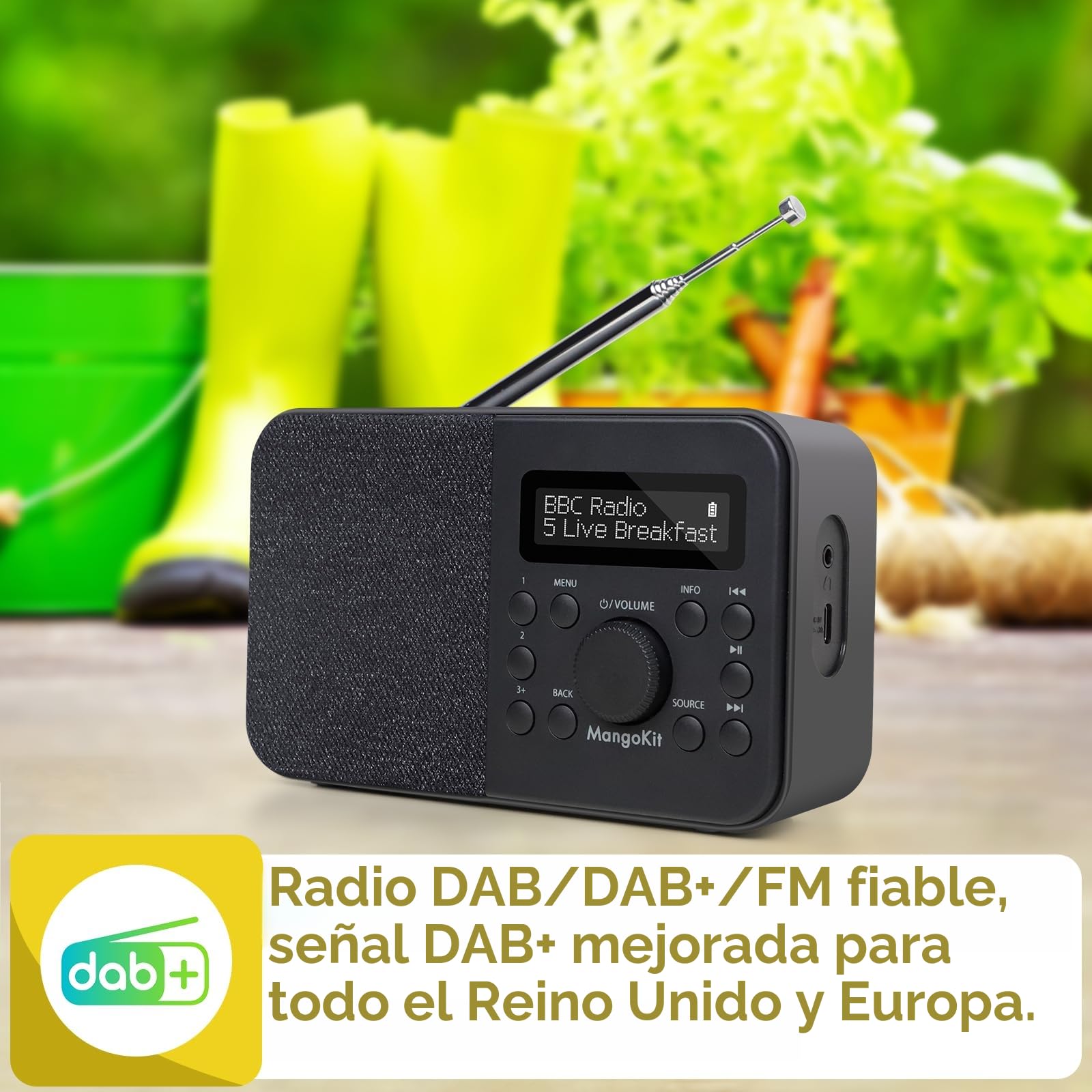 PR2S Radio Digital Dab portátil y Radio FM, Altavoz Bluetooth, Dab Personal con Pantalla, Despertador, 40 emisoras presintonizadas, Auriculares, Pilas y Fuente de alimentación-Negro
