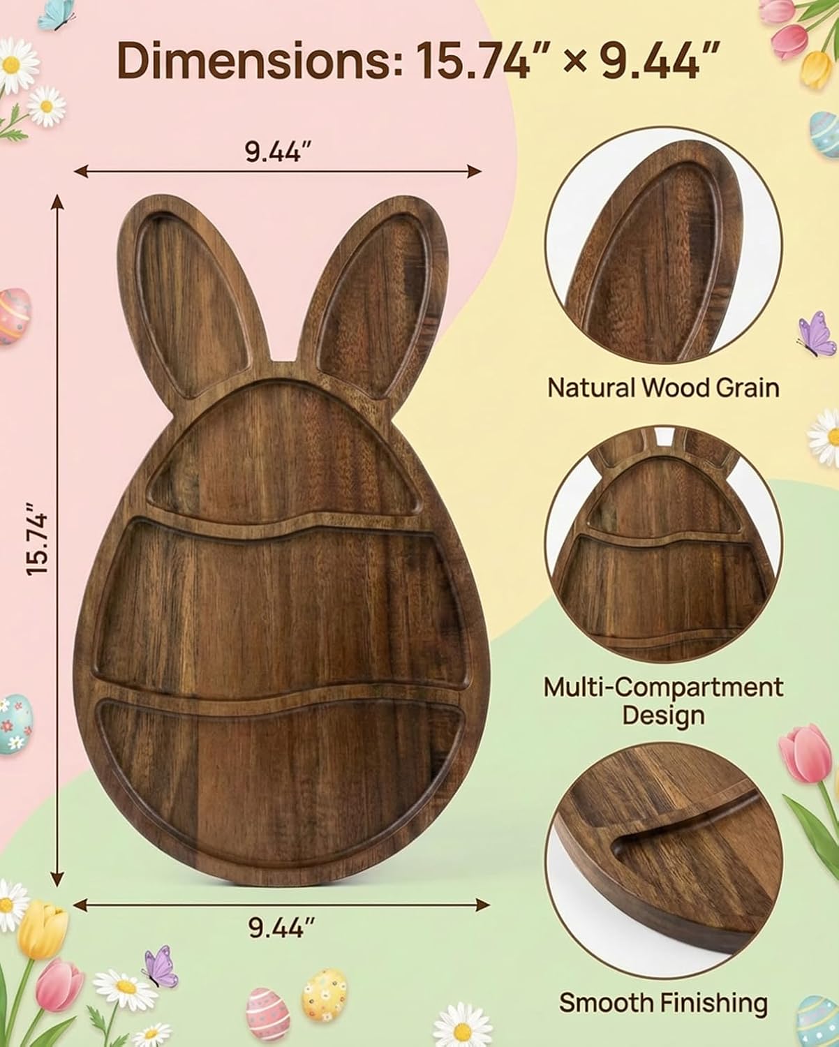 Acacia Wood Bunny Cutting Board, Easter Charcuterie Platter, 15.7"x 9.4" Rabbit Shaped Cheese Tray, Spring Hosting Appetizer Server, Durable Natural Grain, Thoughtful Gift