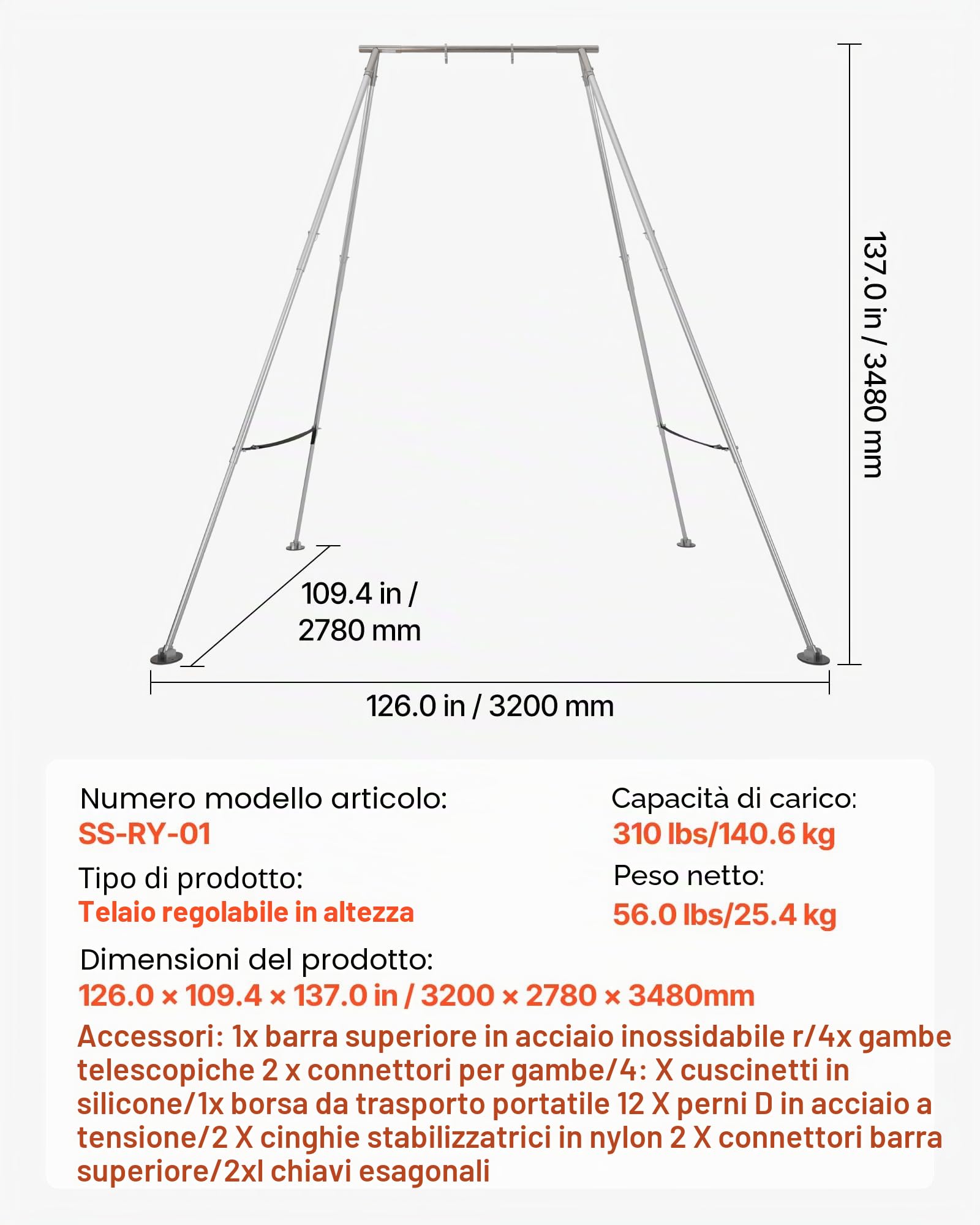 VEVOR Supporto per Yoga Aereo con Struttura Oscillante Capacità di Carico max. 140,6 kg, Struttura per Trazioni Supporto Triangolare, per Tessuti Aerei con Gambe Regolabili in Altezza, Yoga Aereo