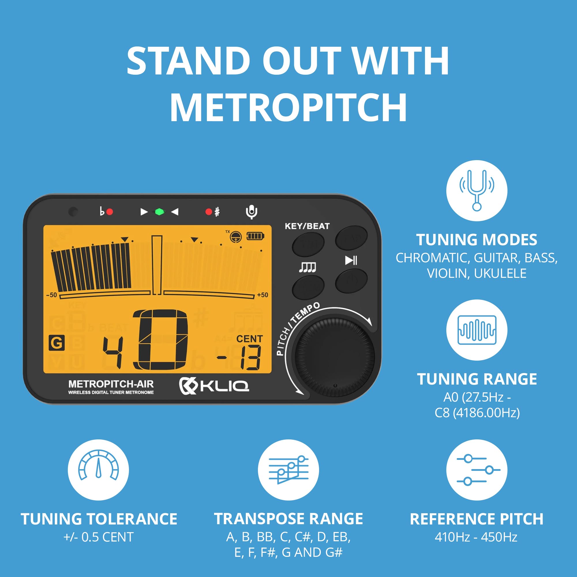 KLIQ MetroPitch - Metronom Stimmgerät für alle Instrumente - mit Gitarre, Bass, Violine, Ukulele und chromatischen Stimmmodi (MetroPitch-Air, Schwarz)